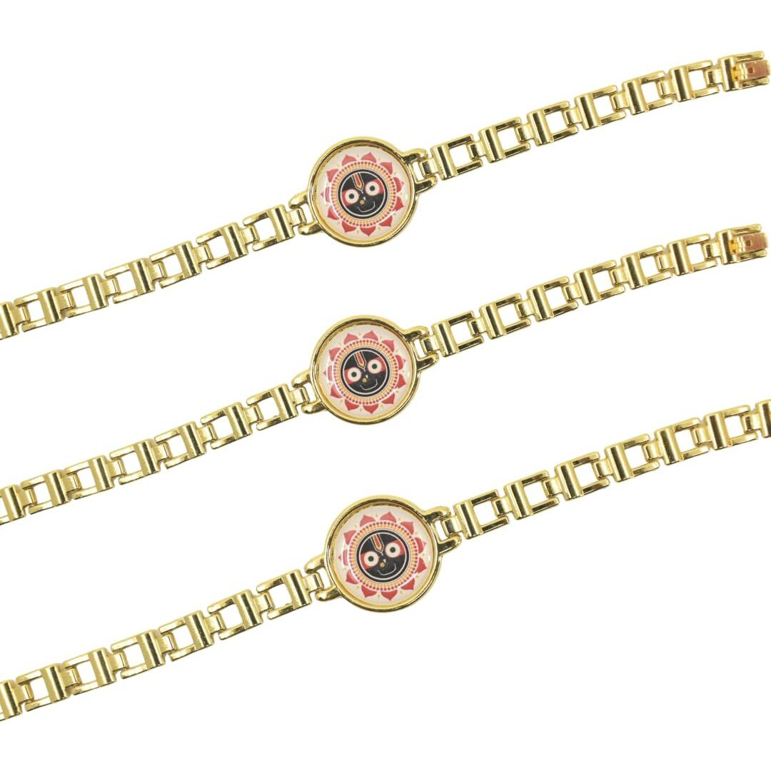 Jagannath World Handcrafted Lord Jagannath Golden Bracelet Rakhi For Brother | Adjustable Raksha Bandhan Bracelet Thread Pack Of 3