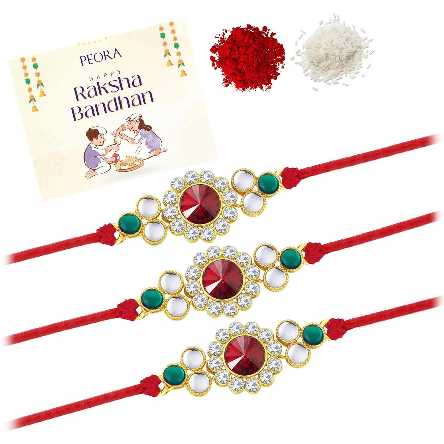 Peora Rakhshabandhan Thread Rakhi For Brother Bhaiya | Kundan & Crystal Studded | Red Green White | Combo Pack Of 3 | Rakhi Hamper With Roli Chawal & Greeting Card