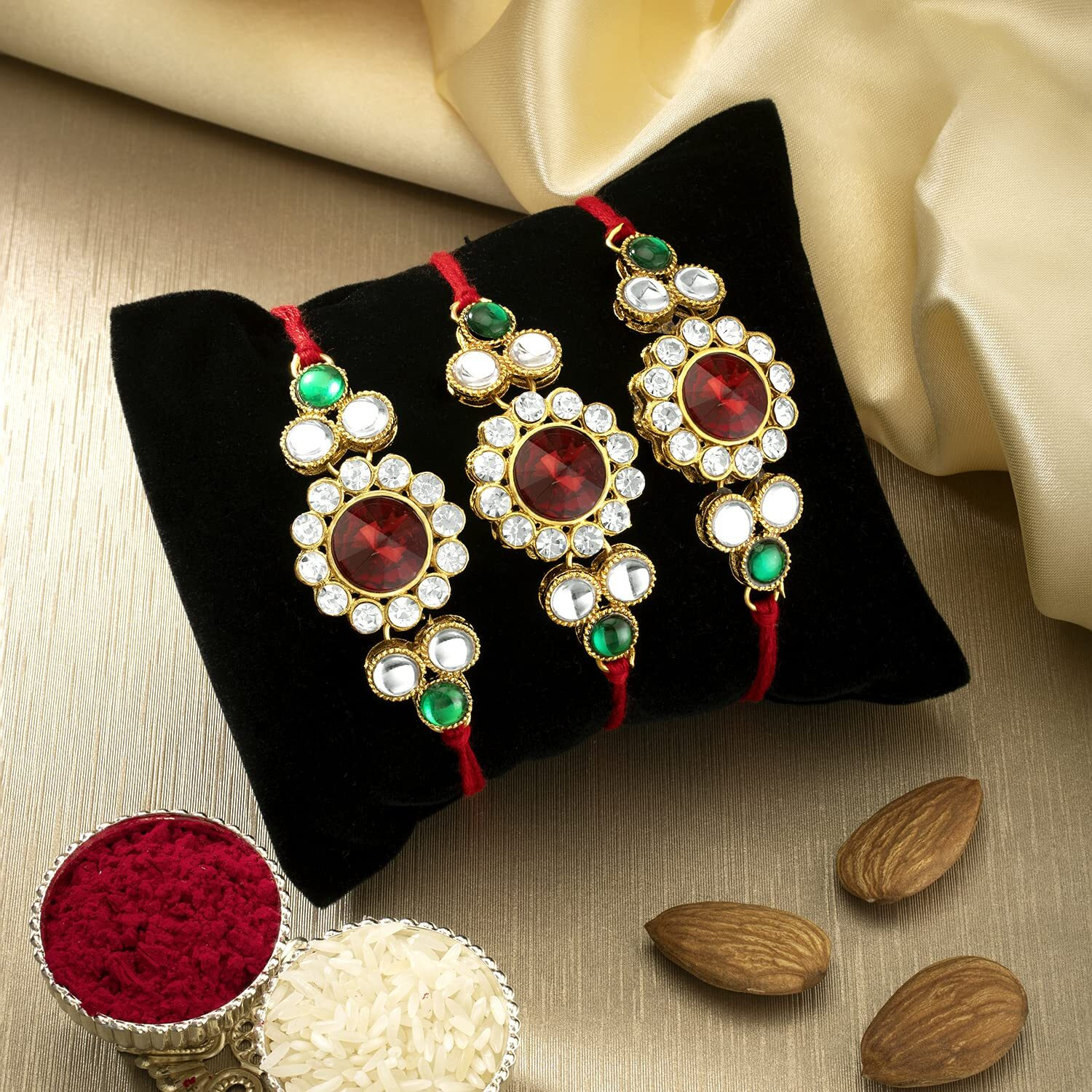 Peora Rakhshabandhan Thread Rakhi For Brother Bhaiya | Kundan & Crystal Studded | Red Green White | Combo Pack Of 3 | Rakhi Hamper With Roli Chawal & Greeting Card