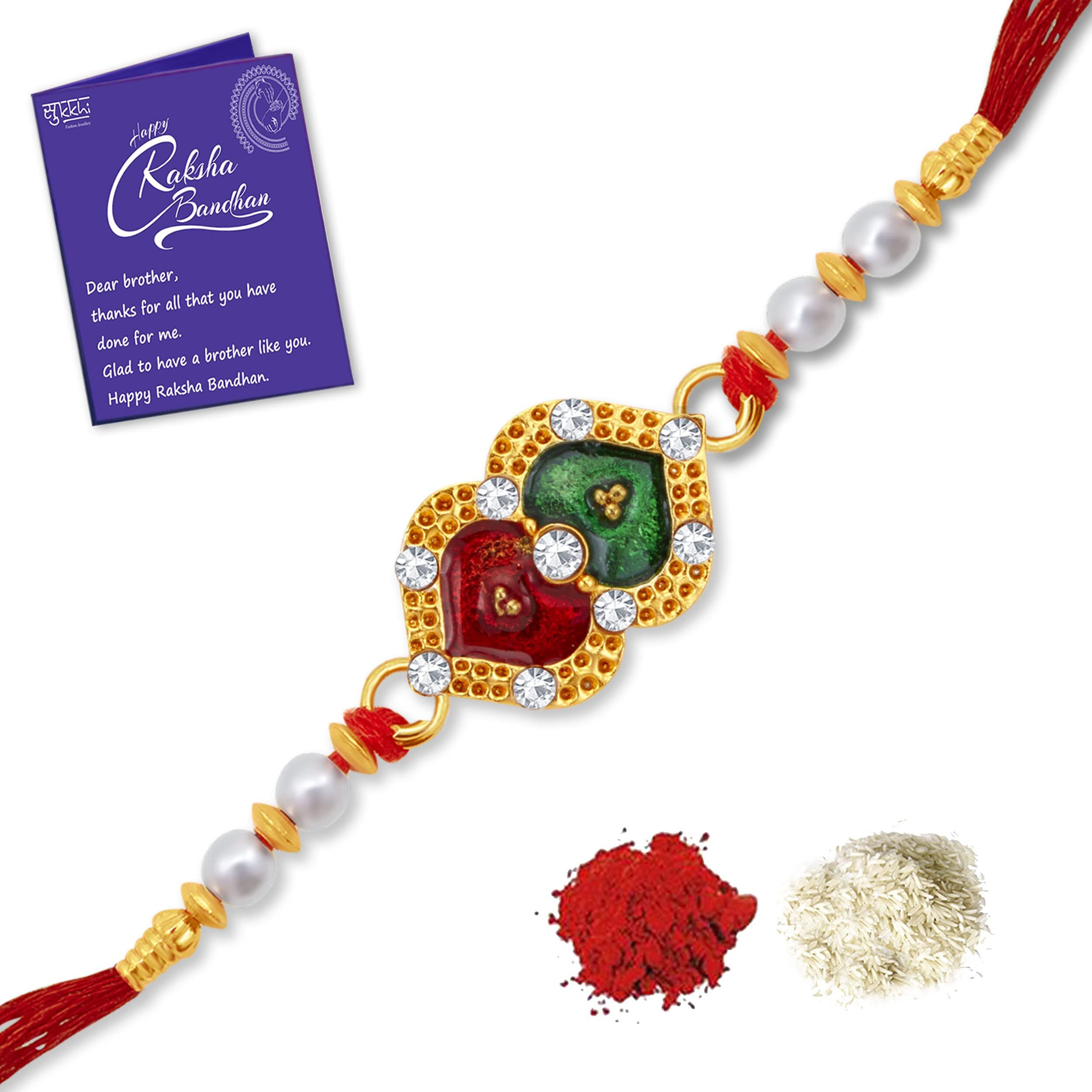 Sukkhi Rakhi Feminine Kundan Designer Gold Plated Premium Rakhi For Brother With Roli Chawal & Greeting Card | Rakhi For Bhaiya | Rakhi For Men | Kundan Rakhi | (Rak104466)