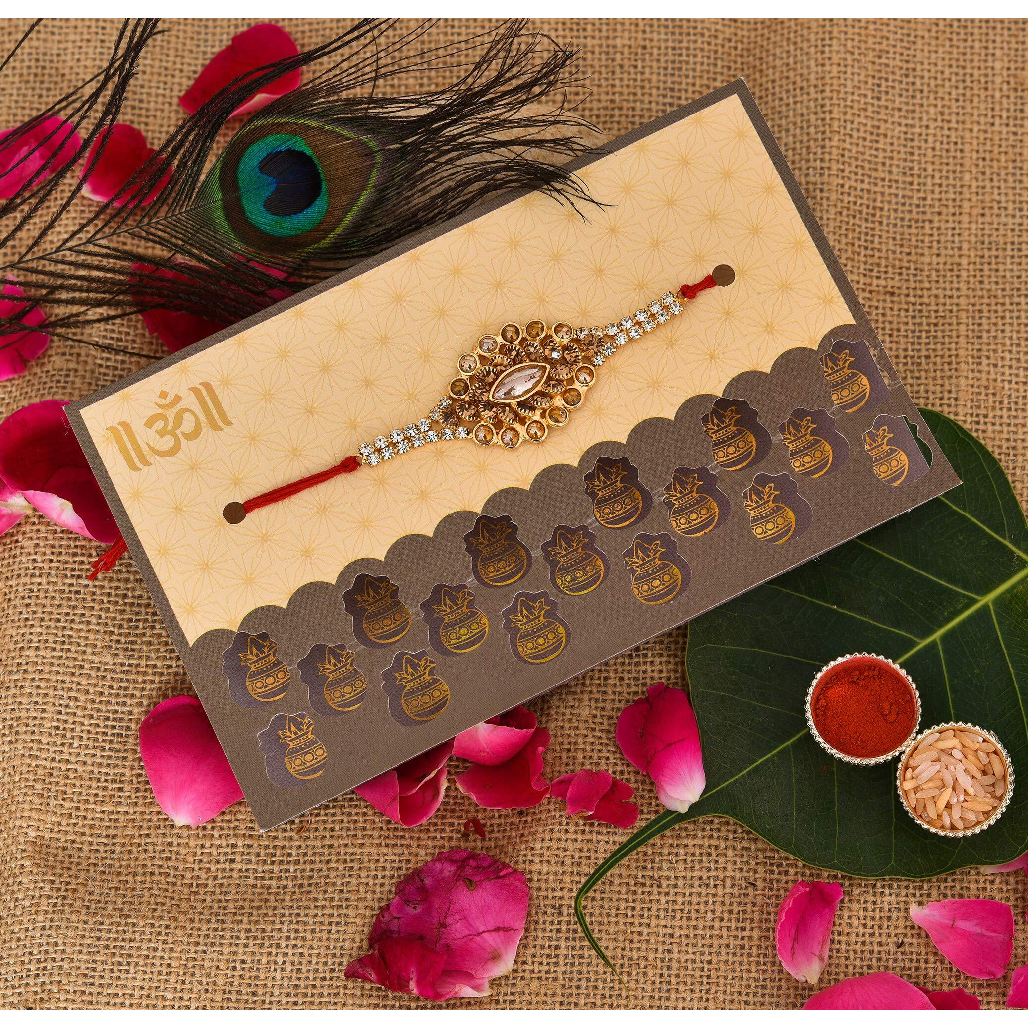 Vending India Designer Rakhi Set In A Kalash Greeting Card - Combo With Roli, Chawal, Chandan, Mishri