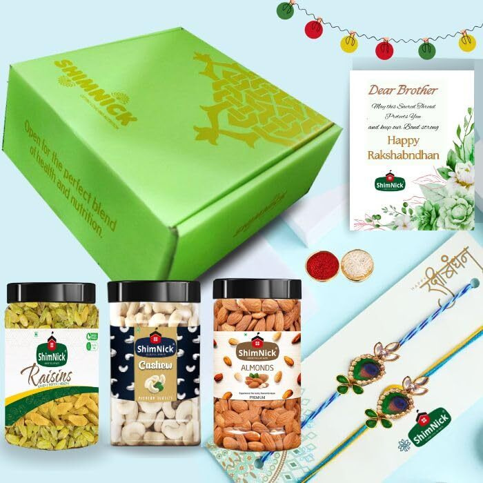 Shimnick Rakhi Dryfruit Gift Box With Designer Hand-Picked Designer Rakhis | Almonds, Cashews, Kishmish (100Gm Each) In Jars | Designer Gift For Brother/Sister | Roli- Chawal | A Rakhi Card With Personal Message