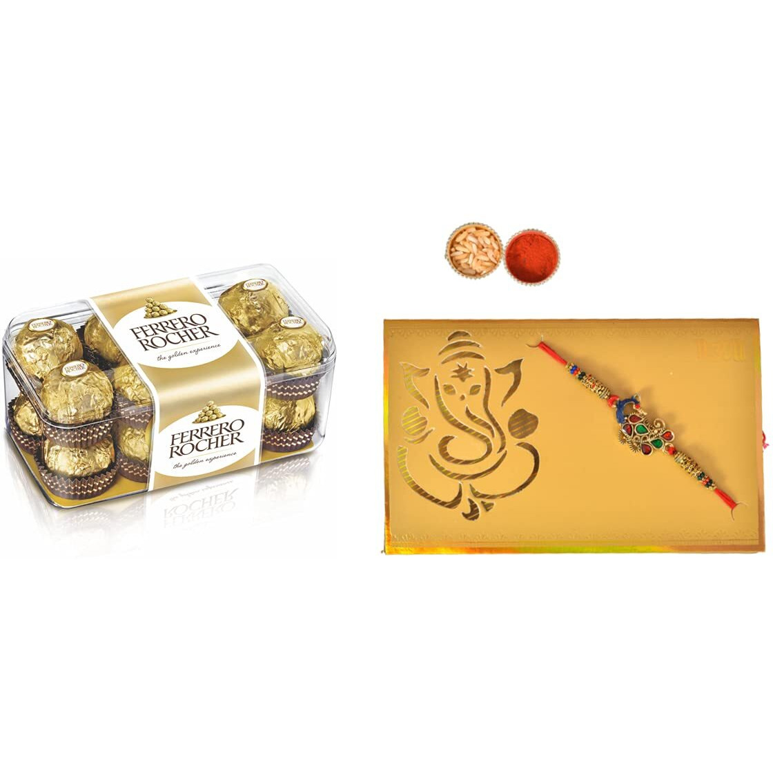 Vending India X Ferrero Rocher- T16 (16 Pieces) With A Designer Rakhi Set In A Greeting Card - Combo With Roli, Chawal, Chandan & Mishri (Ganesha Greeting Card)