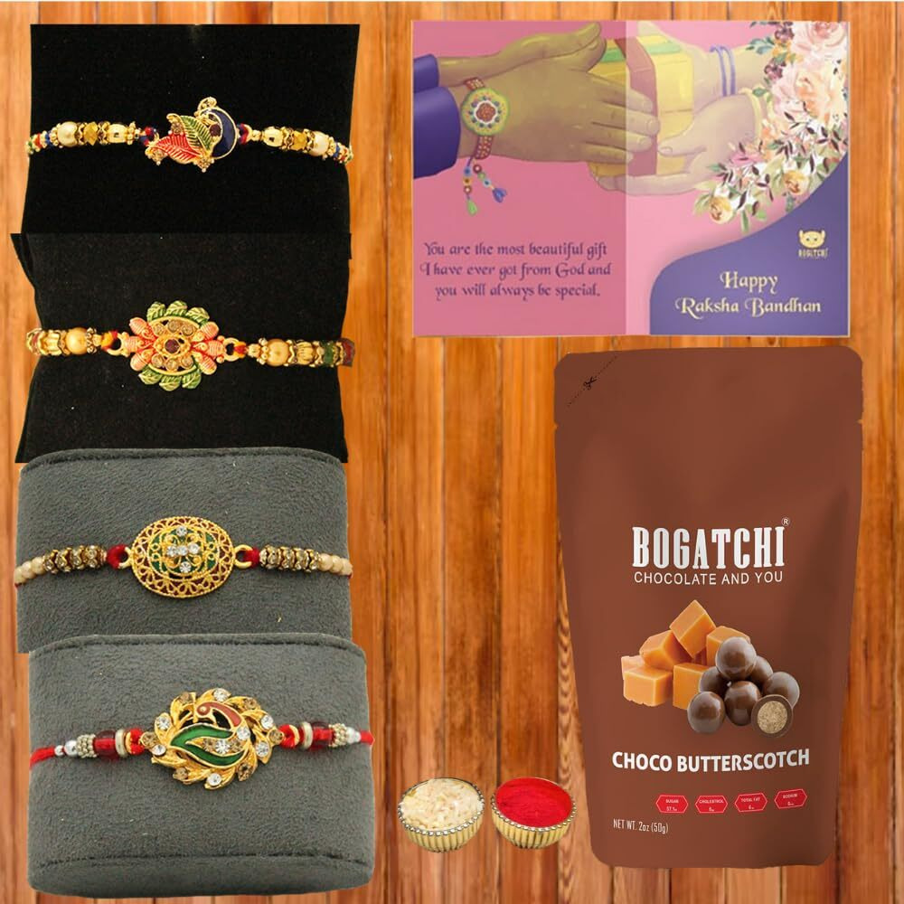 Bogatchi Rakhi Chocolates Free With Set Of 4 Gold Plated Rakhi For Brother + Free Roli Chawal And Rakhi Cards