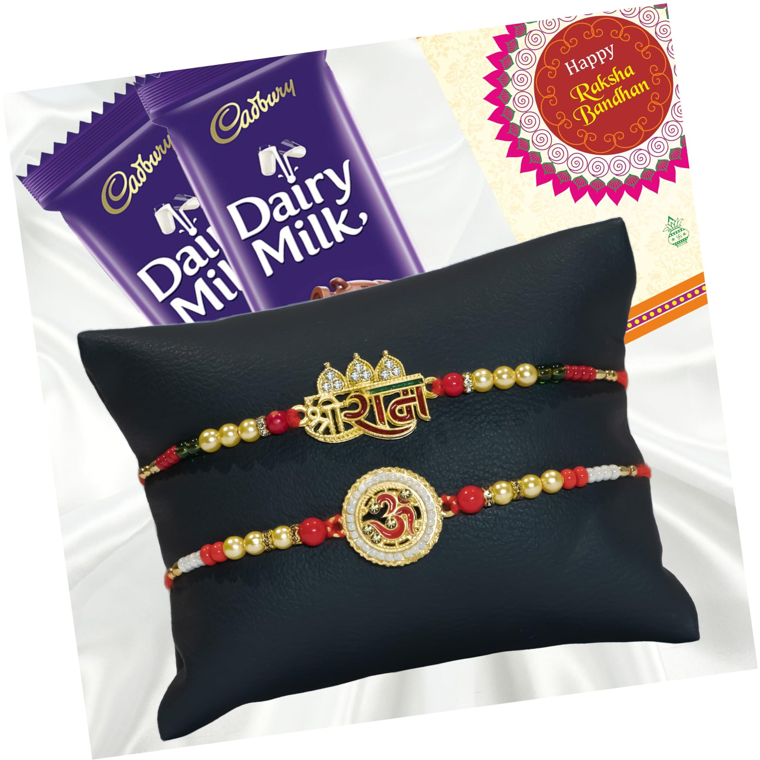 Canton Pack Of 2 Rakhi For Brother With Chocolate Gift Hamper, Designer Rakhi With Roli Chawal, Dairy Milk & Greeting Card, (Design-2, Pack Of 2)