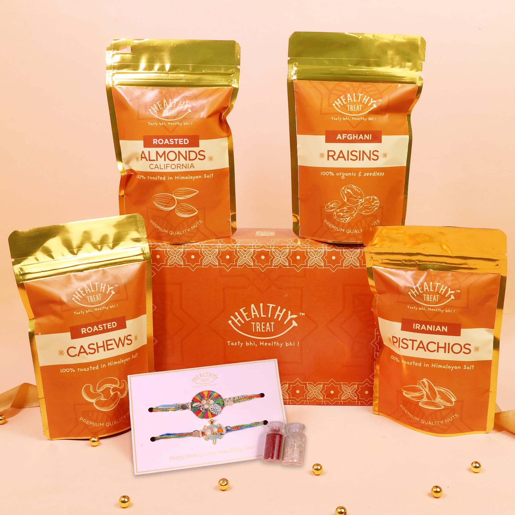 Healthy Treat Heavenly Rakhi Gift Hamper | Roasted Dry-Fruits & Nuts Gift's Pack | A Pair Of Rakhii, Roli Chawal, Rakhi-Themed Stickers | Rakhi-Gifts For Brother And Sister | The Ultimate Assorted Raksha Bandhan Hampers