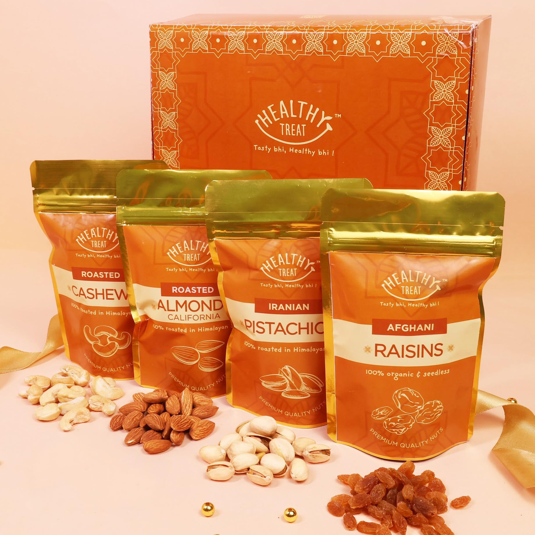 Healthy Treat Heavenly Rakhi Gift Hamper | Roasted Dry-Fruits & Nuts Gift's Pack | A Pair Of Rakhii, Roli Chawal, Rakhi-Themed Stickers | Rakhi-Gifts For Brother And Sister | The Ultimate Assorted Raksha Bandhan Hampers