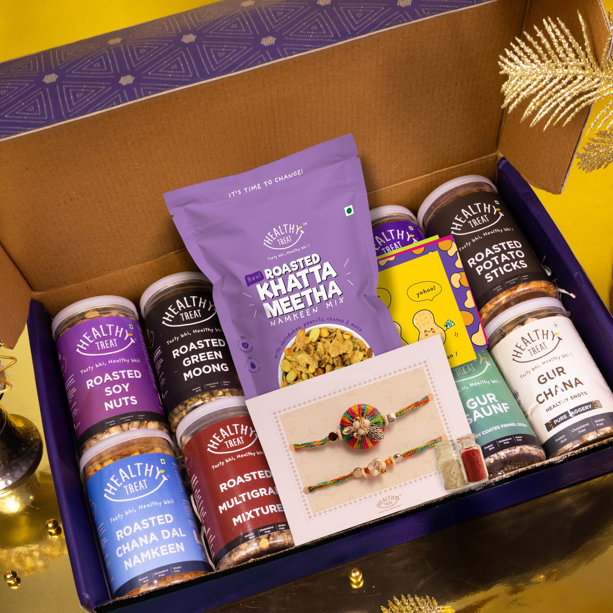 Healthy Treat Khushiyan Rakhi Gift Hamper | Roasted Snacks, Berries, A Pair Of Rakhii, Roli Chawal, Stickers | Rakhi's Gift For Brother And Sister | The Ultimate Assorted Raksha Bandhan Gift Hampers