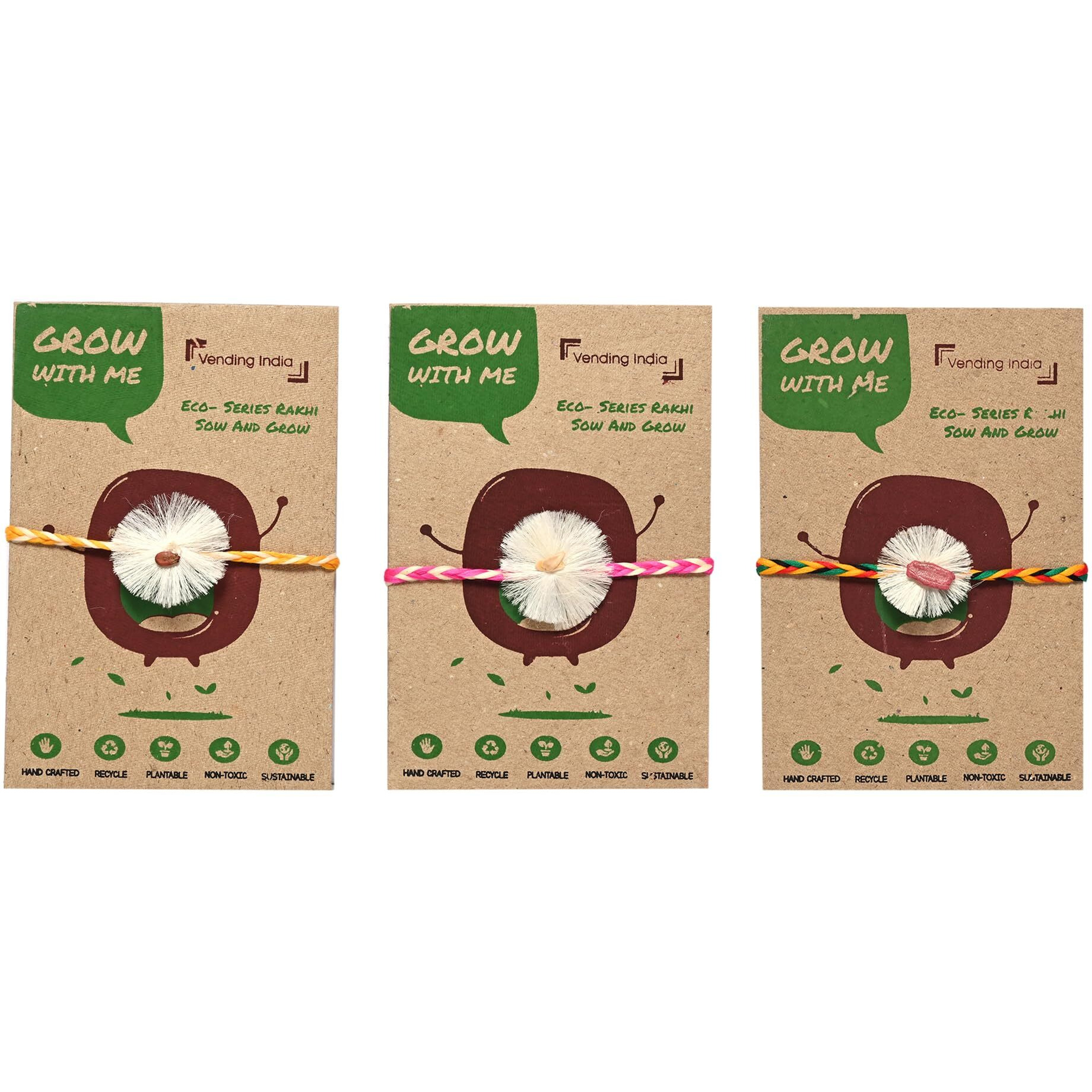 Vending India Eco Rakhi Series | Plantable Seed Rakhi With A Seed In It | Rakhi Gift Bundle With Roli, Chawal, Chandan & Mishri For Brother/Sister| Plantable Rakhi - Pack Of 3, Chocolate, 50 Grams