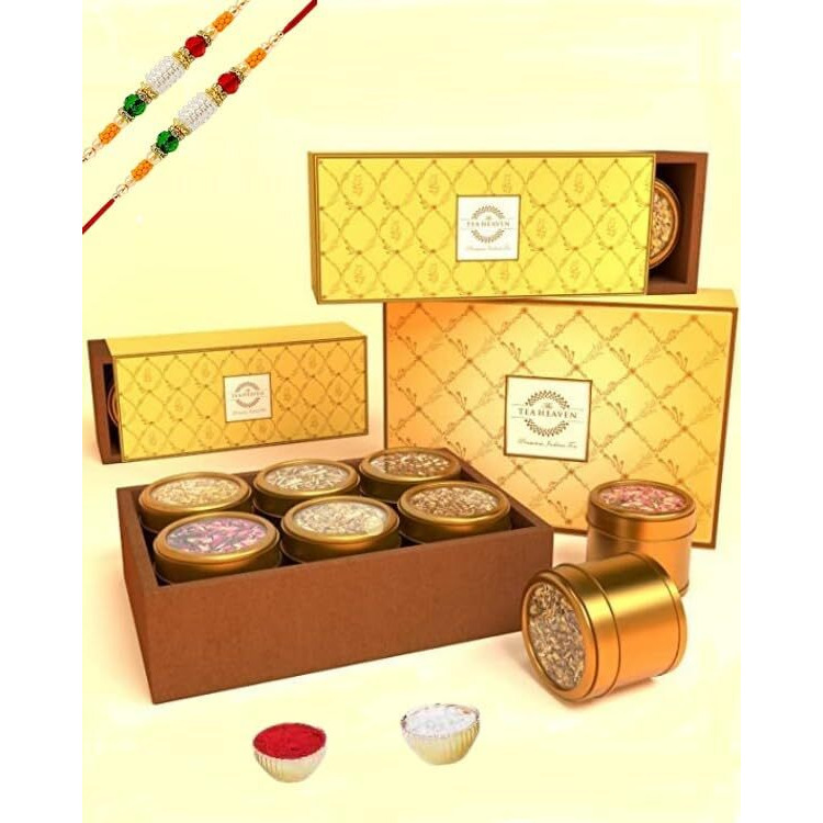 The Tea Heaven | Rakhi Gift Pack For Brother - Pack Of 6 Assorted Unique Tea | Kashmiri Kahwa | Masala Chai | Lemongrass Green Tea | Mint Green Tea | Turmeric Herbal | Stress Relief | 200G | Tea Gift With Rakhi For Brother