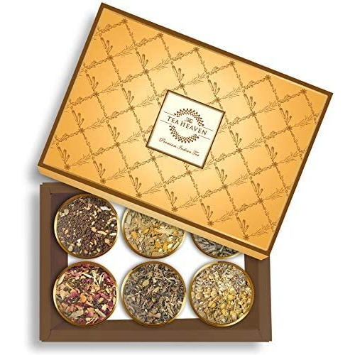 The Tea Heaven | Rakhi Gift Pack For Brother - Pack Of 6 Assorted Unique Tea | Kashmiri Kahwa | Masala Chai | Lemongrass Green Tea | Mint Green Tea | Turmeric Herbal | Stress Relief | 200G | Tea Gift With Rakhi For Brother