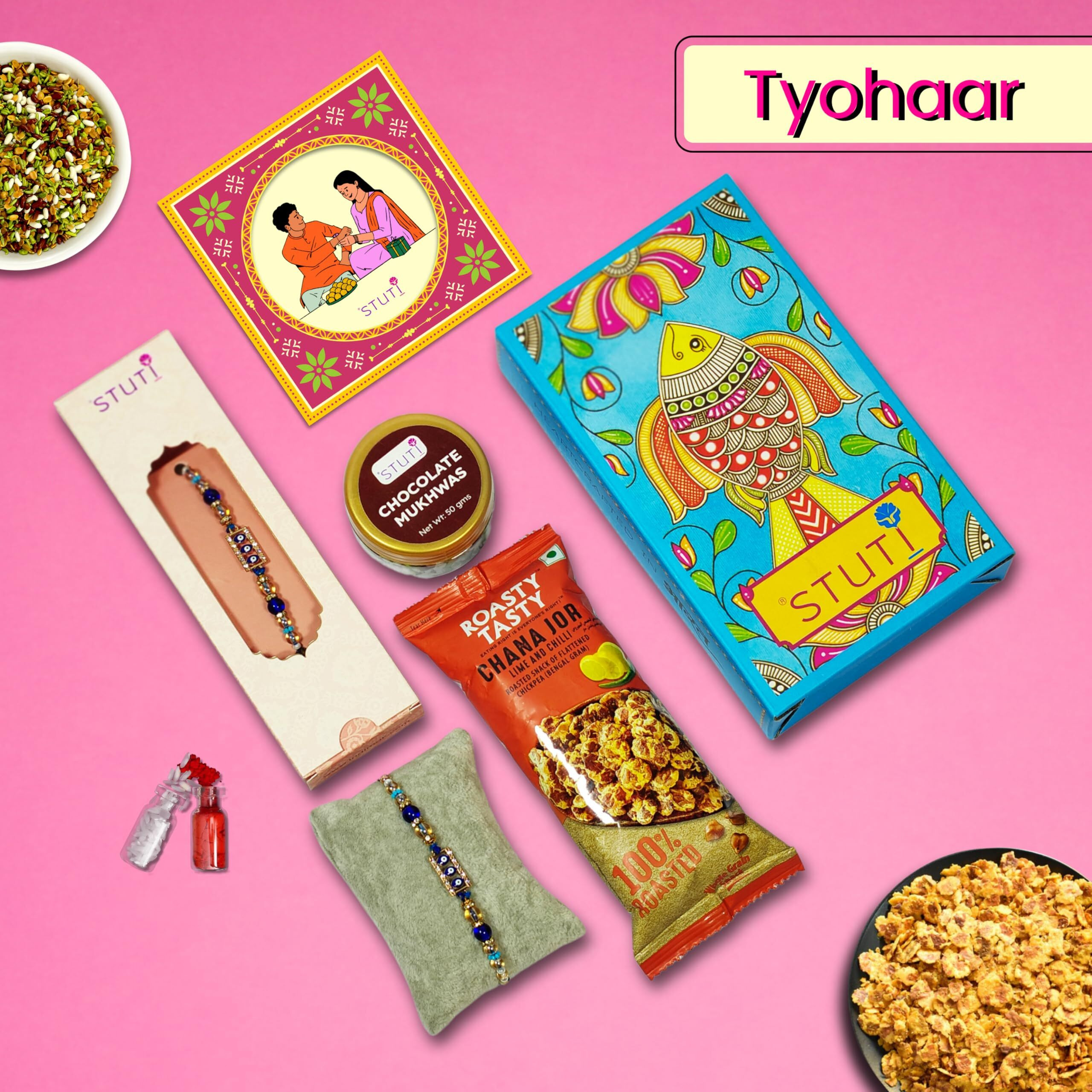 Stuti Rakhi Gift For Brother-5 Inclusions Combo Of Evil Eye Rakhi,Chocolate Mukhwas, Chana Jor Snacks, Personalized Greeting Card With Message-Complimentary Roli & Chawal - Tyohaar Hamper