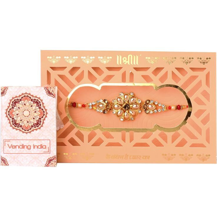 Vending India Premium Rakhi In A Laser Cut Designer Card | Rakhi Gift Bundle With Roli, Chawal, Chandan & Mishri For Brother/Sister(Sh-1110), 50 Grams
