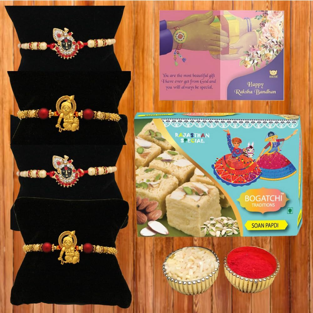 Bogatchi T4T-19 Rakhi With Sweets For Brother, Rakhi For Brother With Sweets, Rakhi Set Of 4, Rakhi Sweets, 200G