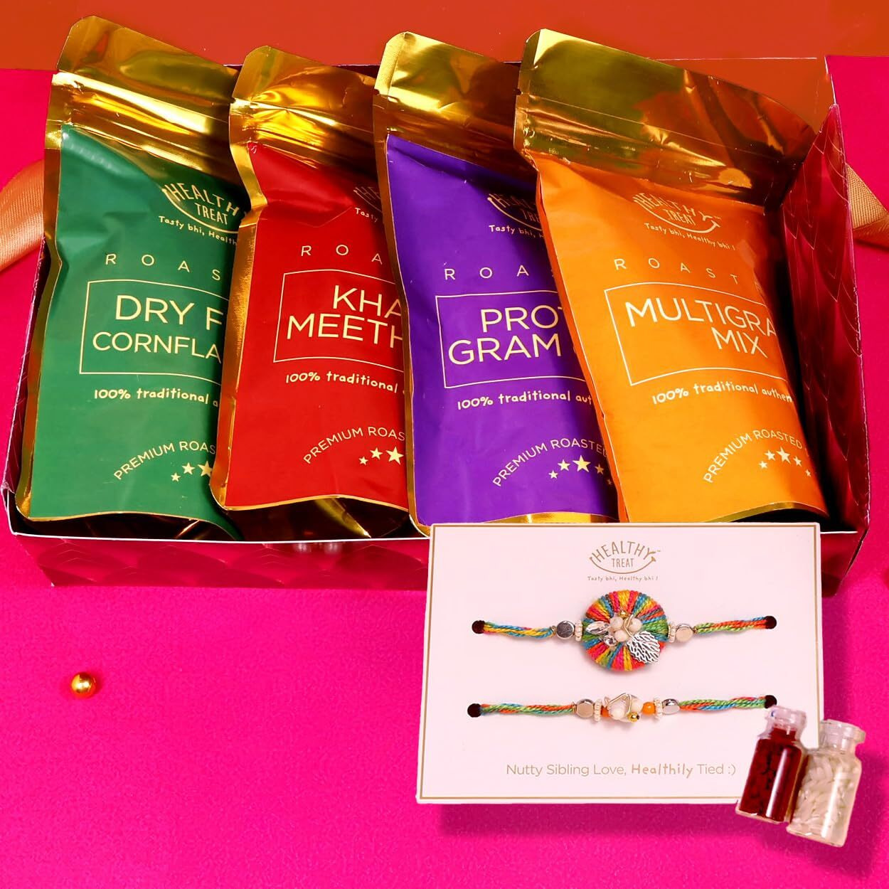 Healthy Treat Bhaiya Bhabhi Healthy Namkeen Rakhi Gift Hamper | Roasted Snacks Gift's Pack | A Pair Of Rakhii, Roli Chawal, Rakhi-Themed Stickers | Gifts For Brother And Sister | The Ultimate Assorted Raksha Bandhan Hampers