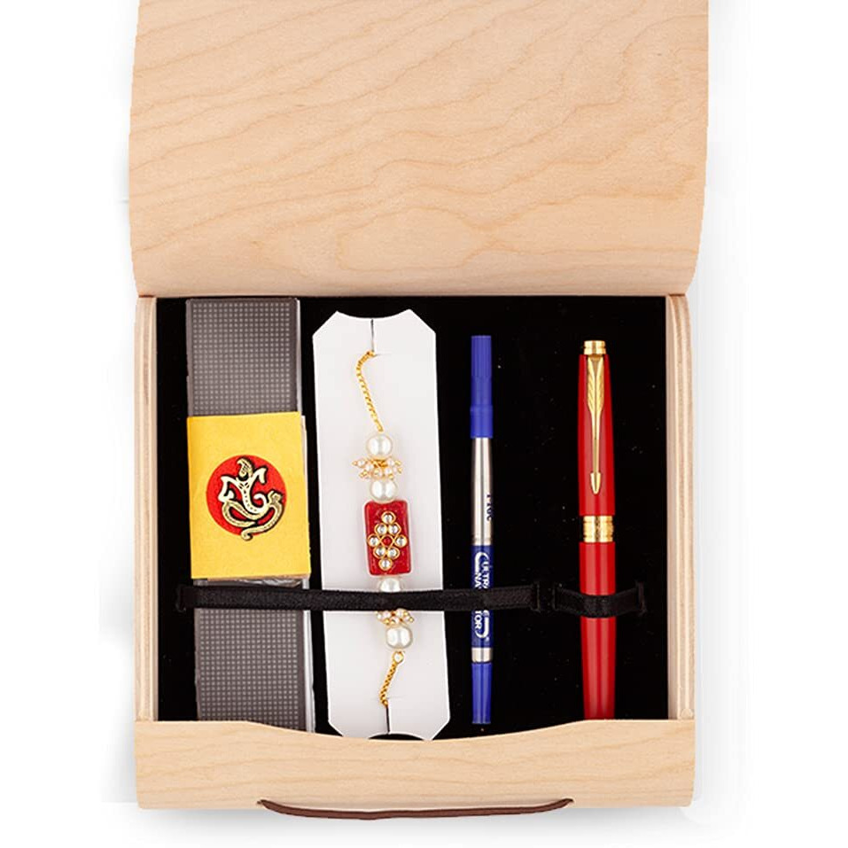 Parker Aster, Matte Red With Gold Trim Roller Ball Pen, Rakhi Combo, 4 Piece Set, Blue Ink, Best Choice For Rakhi Gift, Exquisite And Thoughtful Design