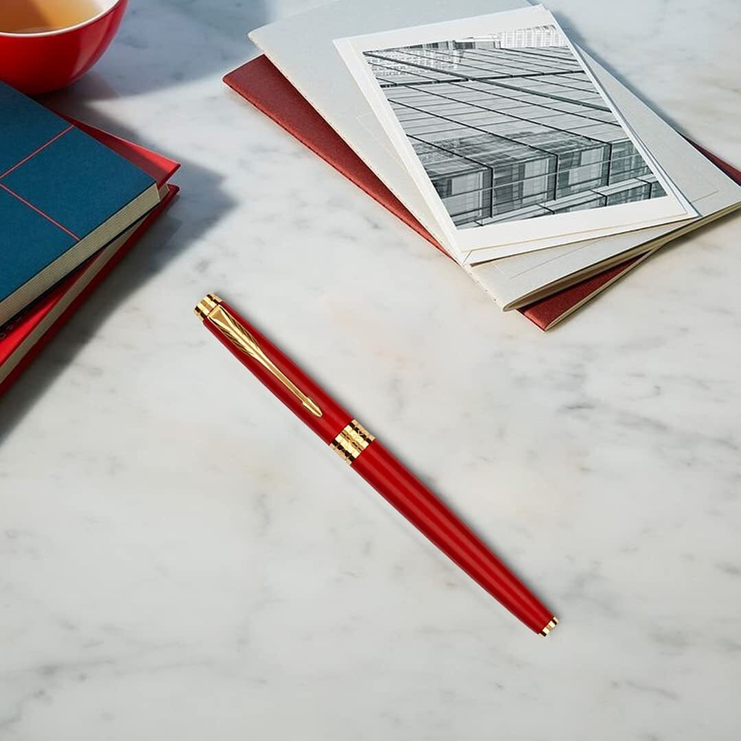 Parker Aster, Matte Red With Gold Trim Roller Ball Pen, Rakhi Combo, 4 Piece Set, Blue Ink, Best Choice For Rakhi Gift, Exquisite And Thoughtful Design