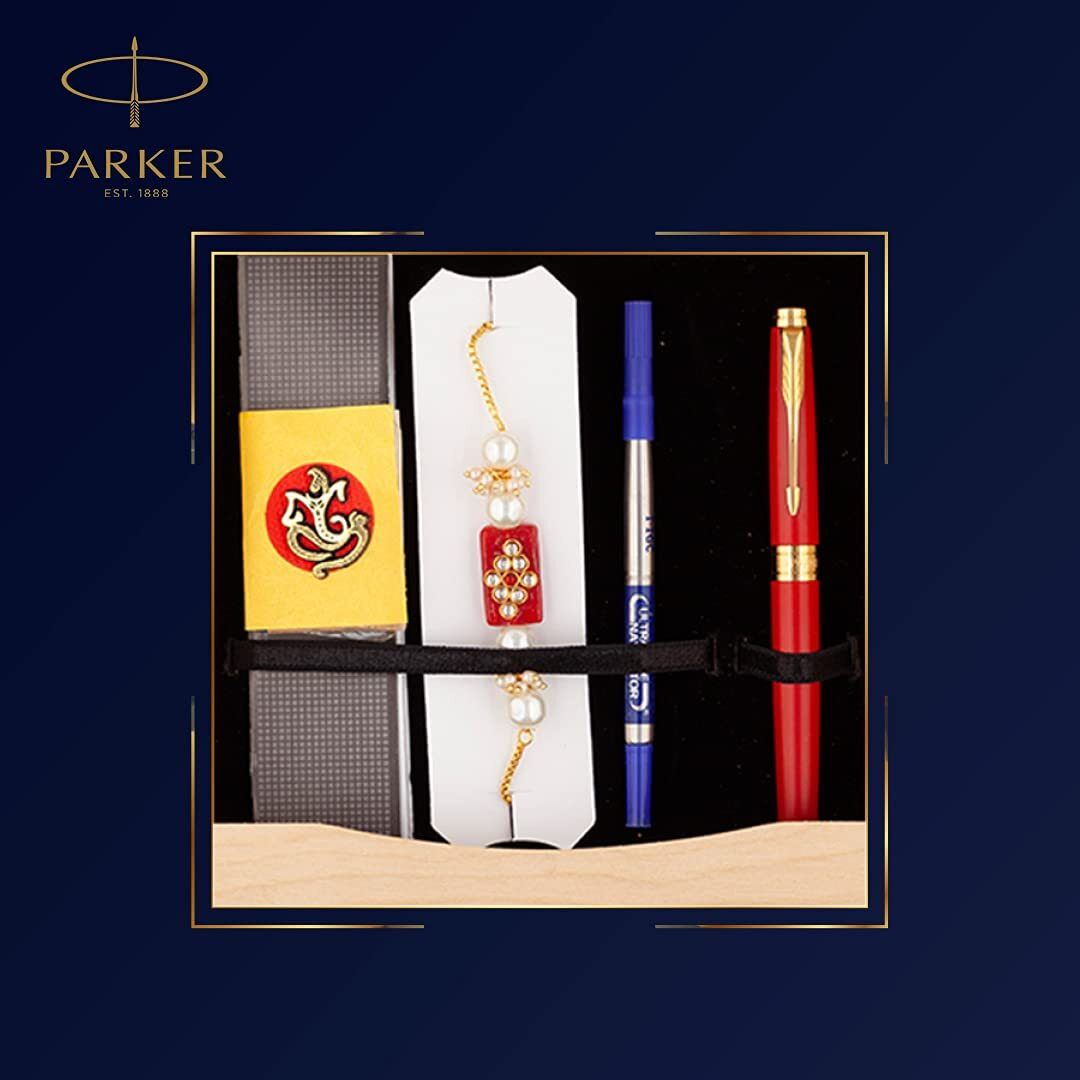Parker Aster, Matte Red With Gold Trim Roller Ball Pen, Rakhi Combo, 4 Piece Set, Blue Ink, Best Choice For Rakhi Gift, Exquisite And Thoughtful Design