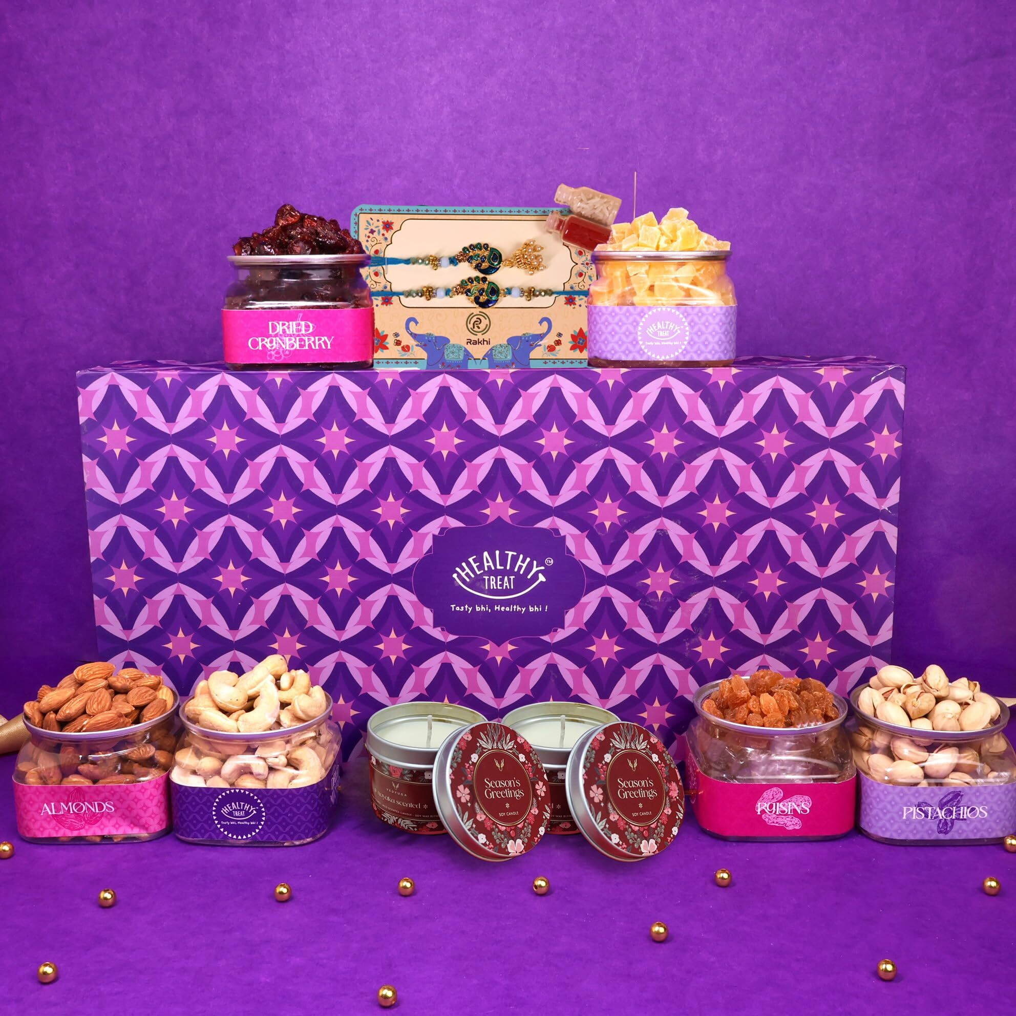 Healthy Treat Bhaiya Bhabhi Elegance Rakhi Gift Hamper | Roasted Dry Fruits & Berries Gift Box Hamper | A Pair Of Lumba-Rakhi, Roli Chawal, Candels | Rakshabandhan Gift Hamper | Roasted Dry Fruits Lumba Rakhii Gift Box