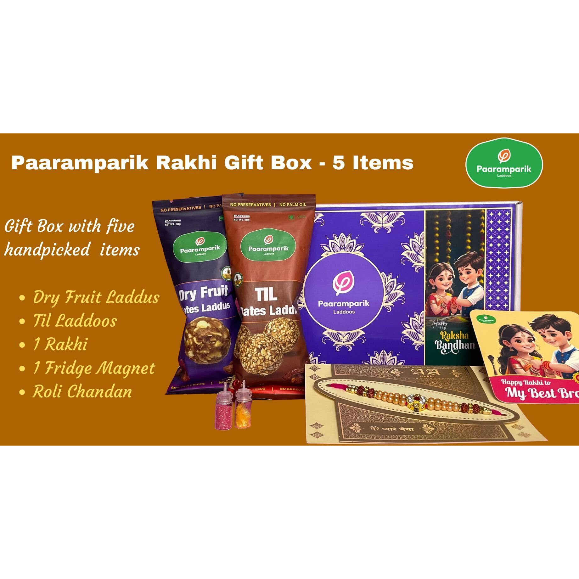 Paaramparik Laddu Rakhi Gift Hamper For Bhaiya, 2 Pack Dry Fruit Laddu, 1 Fridge Magnet, 1 Rakhi, Roli Chawal, 5 Items Combo Pack