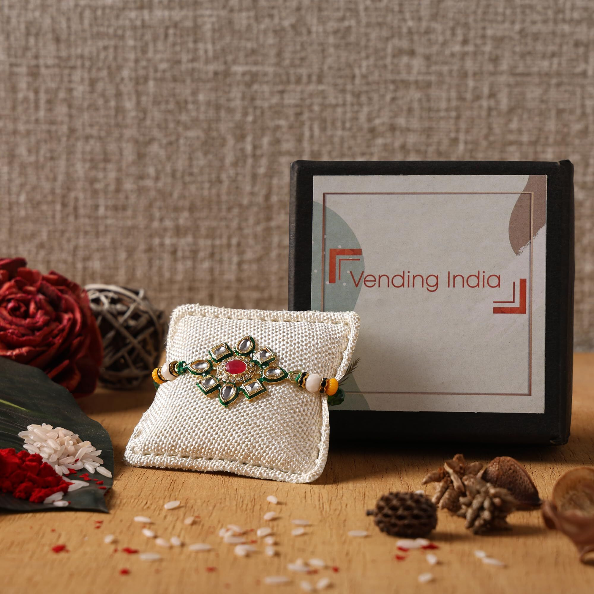 Vending India Premium Rakhi For Brother In A Luxury Black Box Combo With Roli, Chawal, Chandan & Mishri In A Rakshabandhan Card (Style 2)