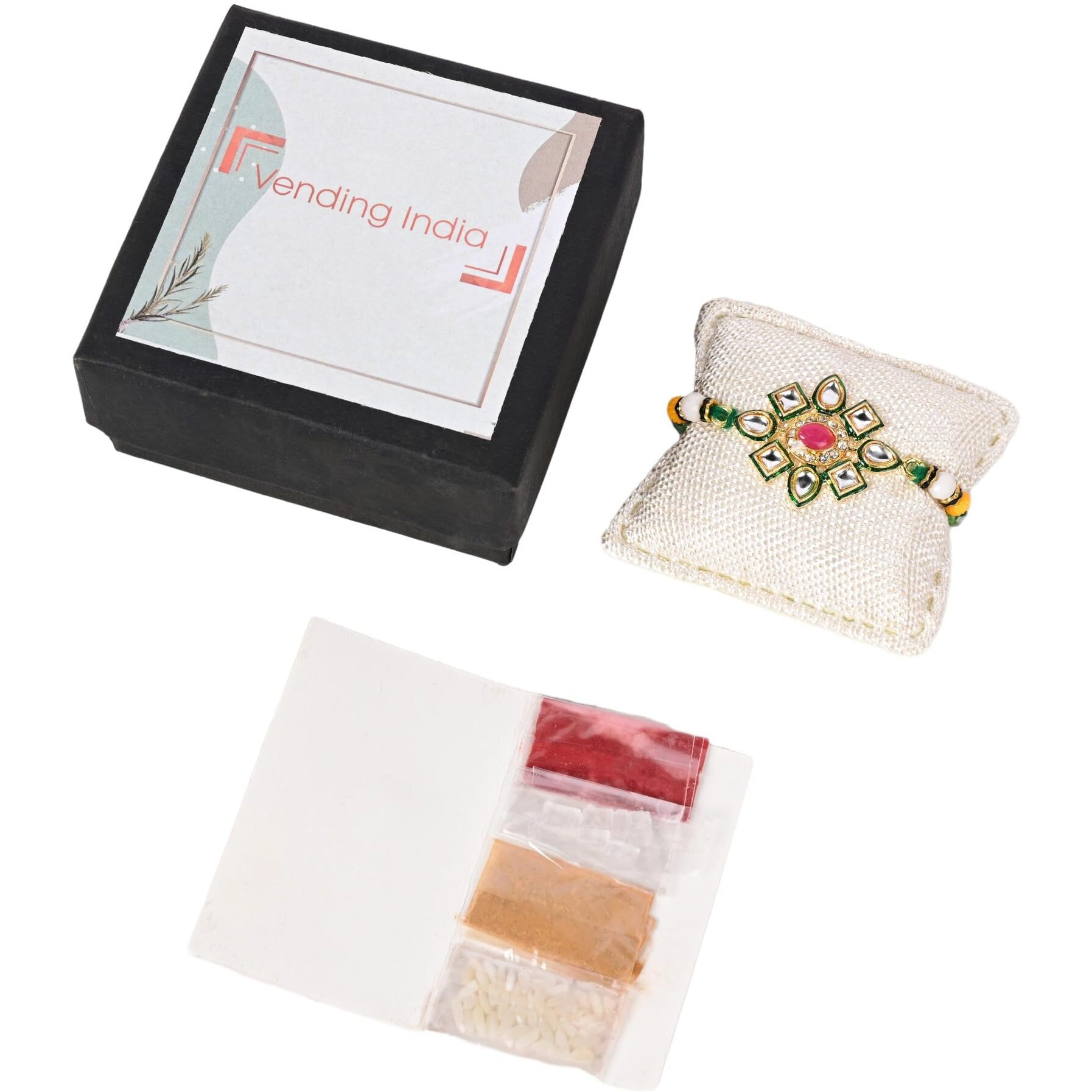 Vending India Premium Rakhi For Brother In A Luxury Black Box Combo With Roli, Chawal, Chandan & Mishri In A Rakshabandhan Card (Style 2)