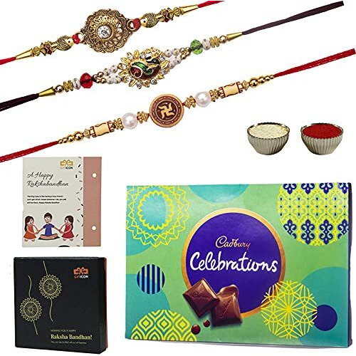 Rakhi For Brother With Chocolates Hamper Combo Pack Of 3 Rakhi 1 Celebrations 150 Pack Roli Chawal Rakhi Card Hamper