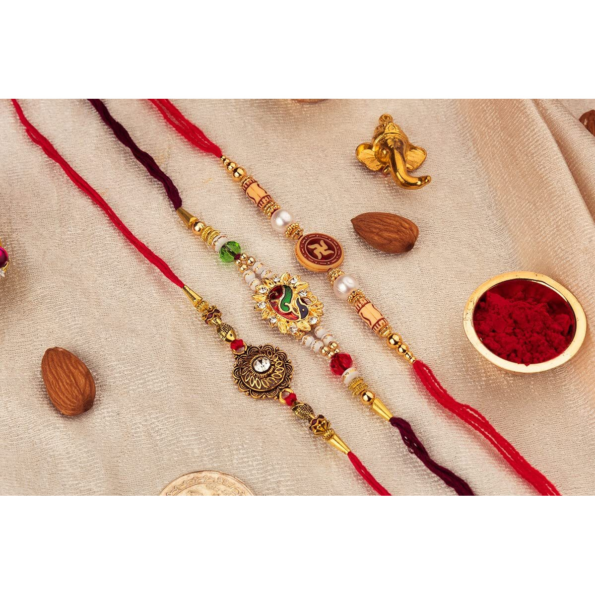 Rakhi For Brother With Chocolates Hamper Combo Pack Of 3 Rakhi 1 Celebrations 150 Pack Roli Chawal Rakhi Card Hamper