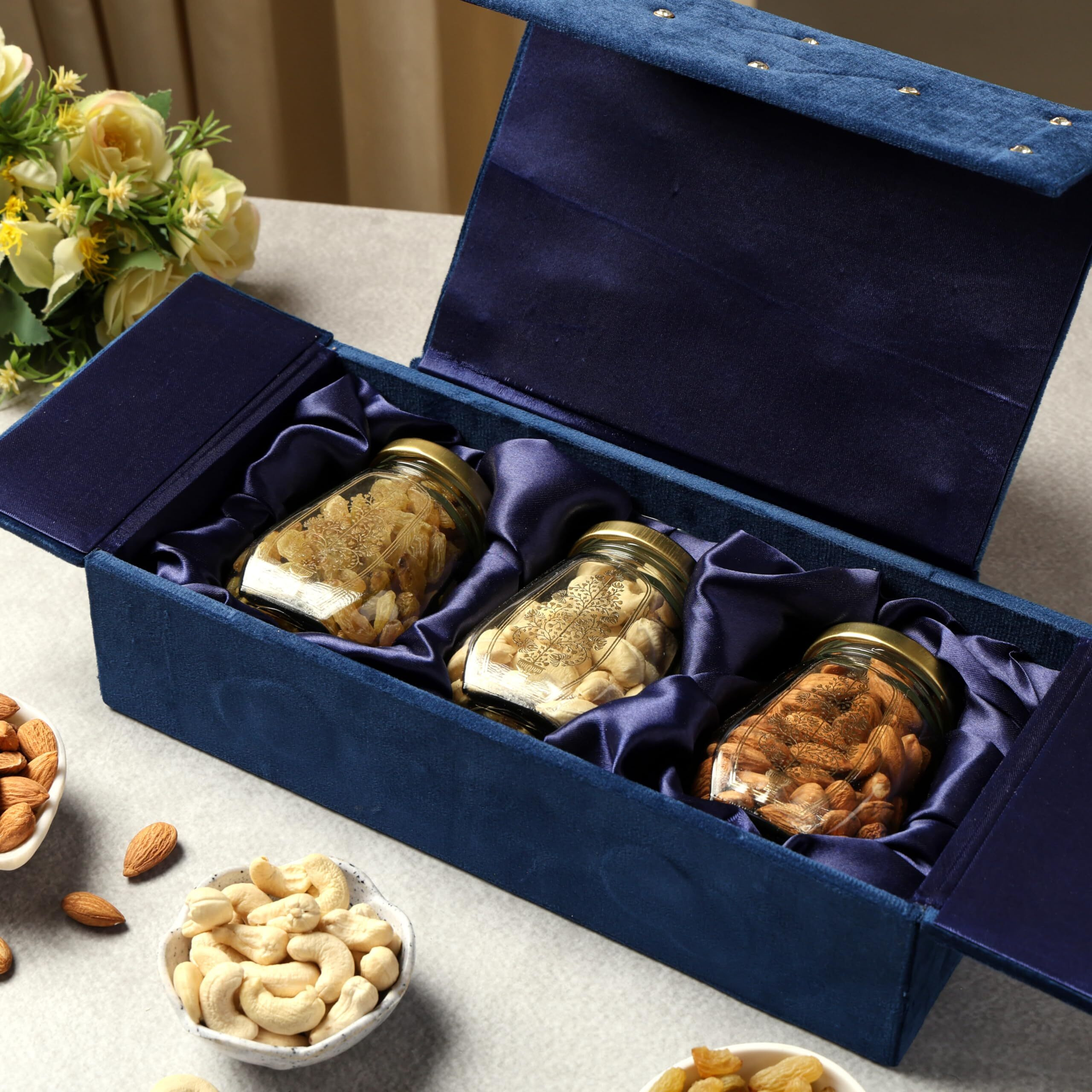 Riwaz Premium Assorted Nuts Hamper |Blue Suede With White Gems Elegant Designer Box With Almonds, Cashews, Raisins, Dry Fruits Gift Box | Ideal For Diwali, Rakhi, Eid, Corporate Gifting Father's Day