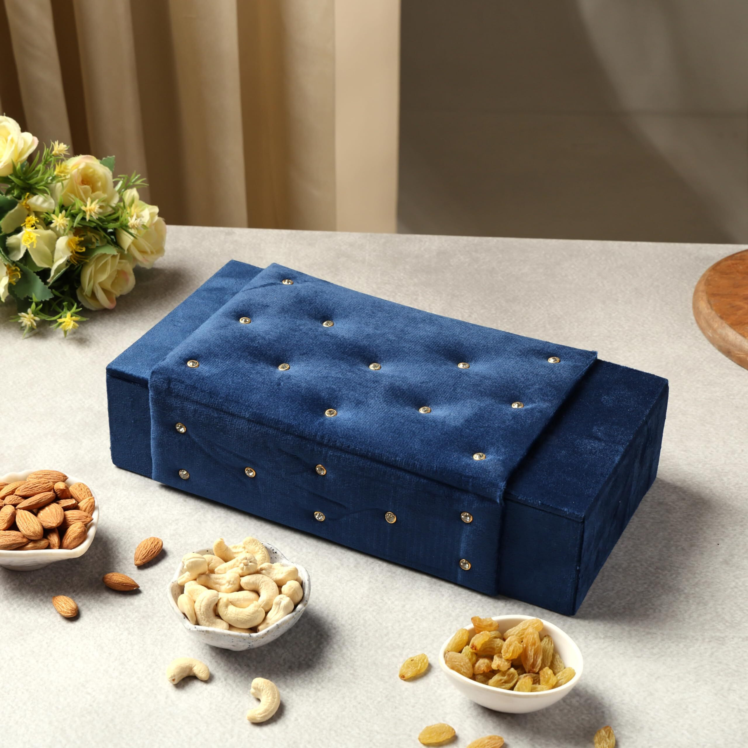 Riwaz Premium Assorted Nuts Hamper |Blue Suede With White Gems Elegant Designer Box With Almonds, Cashews, Raisins, Dry Fruits Gift Box | Ideal For Diwali, Rakhi, Eid, Corporate Gifting Father's Day