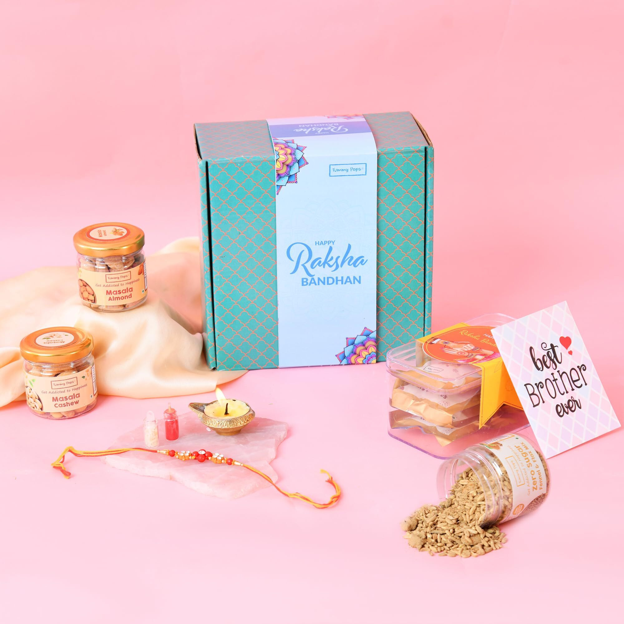 Tummy Pops Bond Bites Rakhi Hamper | Cookies, Dry Fruits, Sugar-Free Treat & Rose Fennel | Rakhi With Card, Roli Chawal | Raksha Bandhan Gift Box