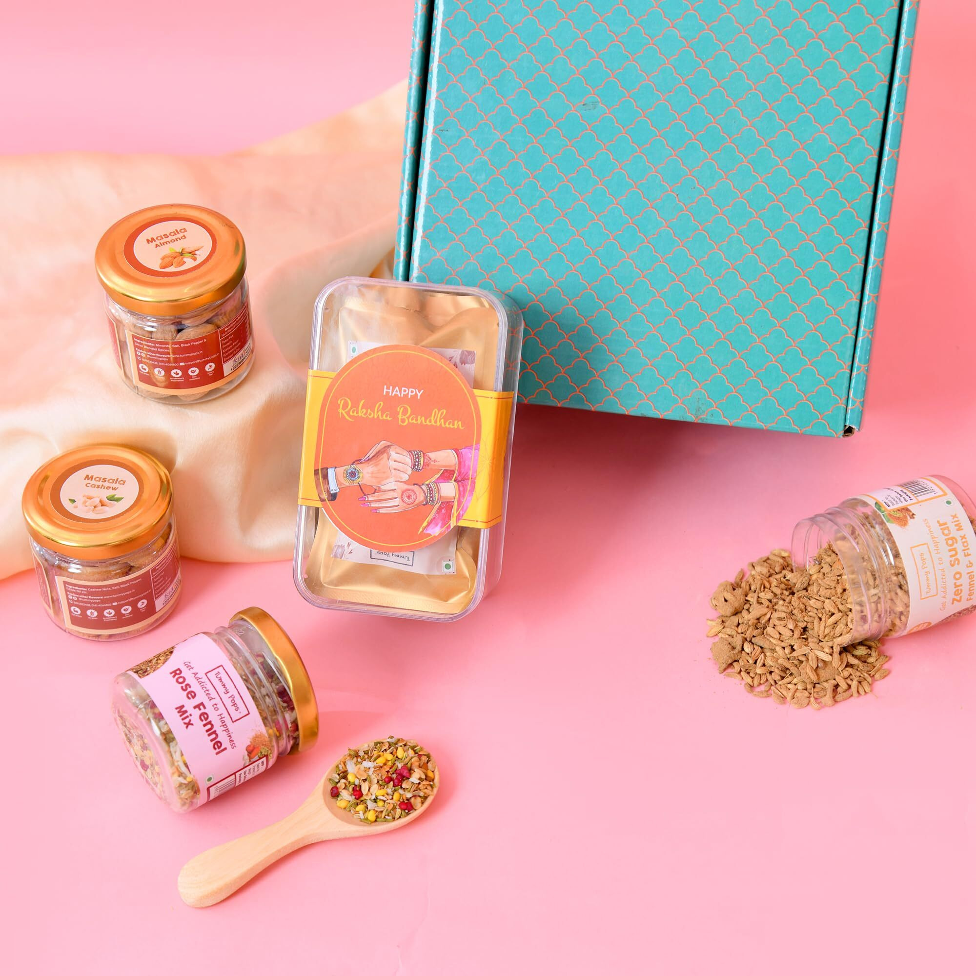 Tummy Pops Bond Bites Rakhi Hamper | Cookies, Dry Fruits, Sugar-Free Treat & Rose Fennel | Rakhi With Card, Roli Chawal | Raksha Bandhan Gift Box