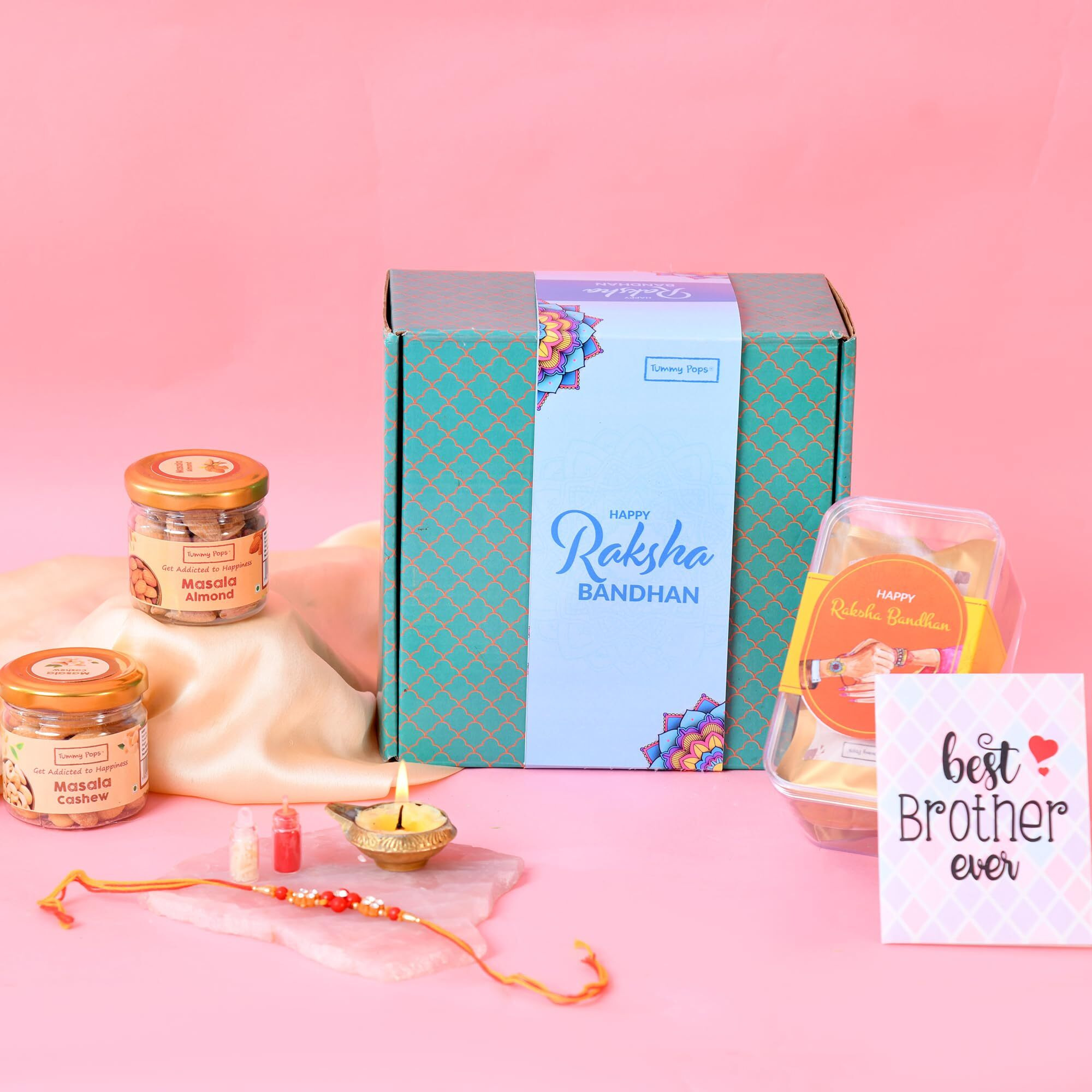 Tummy Pops Bond Bites Rakhi Hamper | Cookies, Dry Fruits, Sugar-Free Treat & Rose Fennel | Rakhi With Card, Roli Chawal | Raksha Bandhan Gift Box