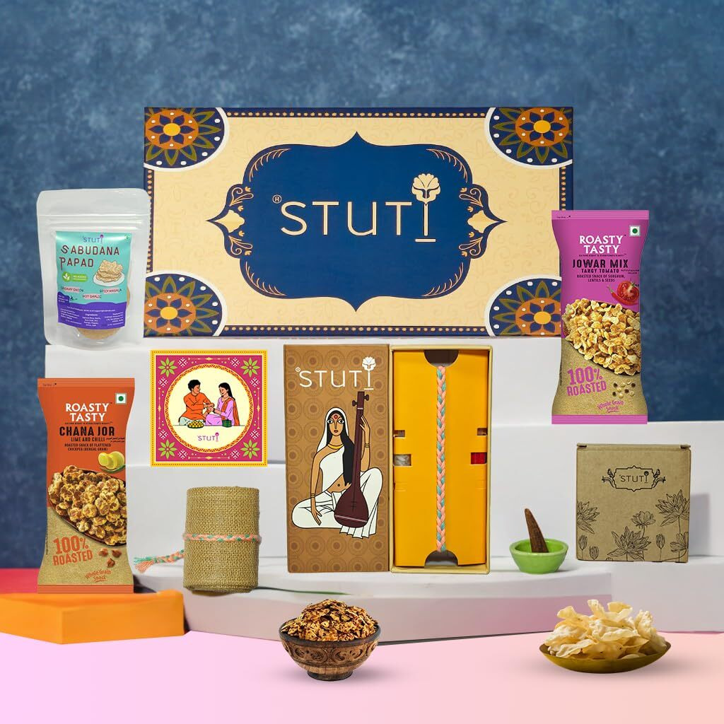 Stuti Rishta Rakhi Gift For Brother-7 Inclusions Combo Of Handmade Eco-Friendly Rakhi, Dhoop Cone, Namkeen Snacks And More With Complimentary Roli & Chawal | Rakhi Combo Gift Box