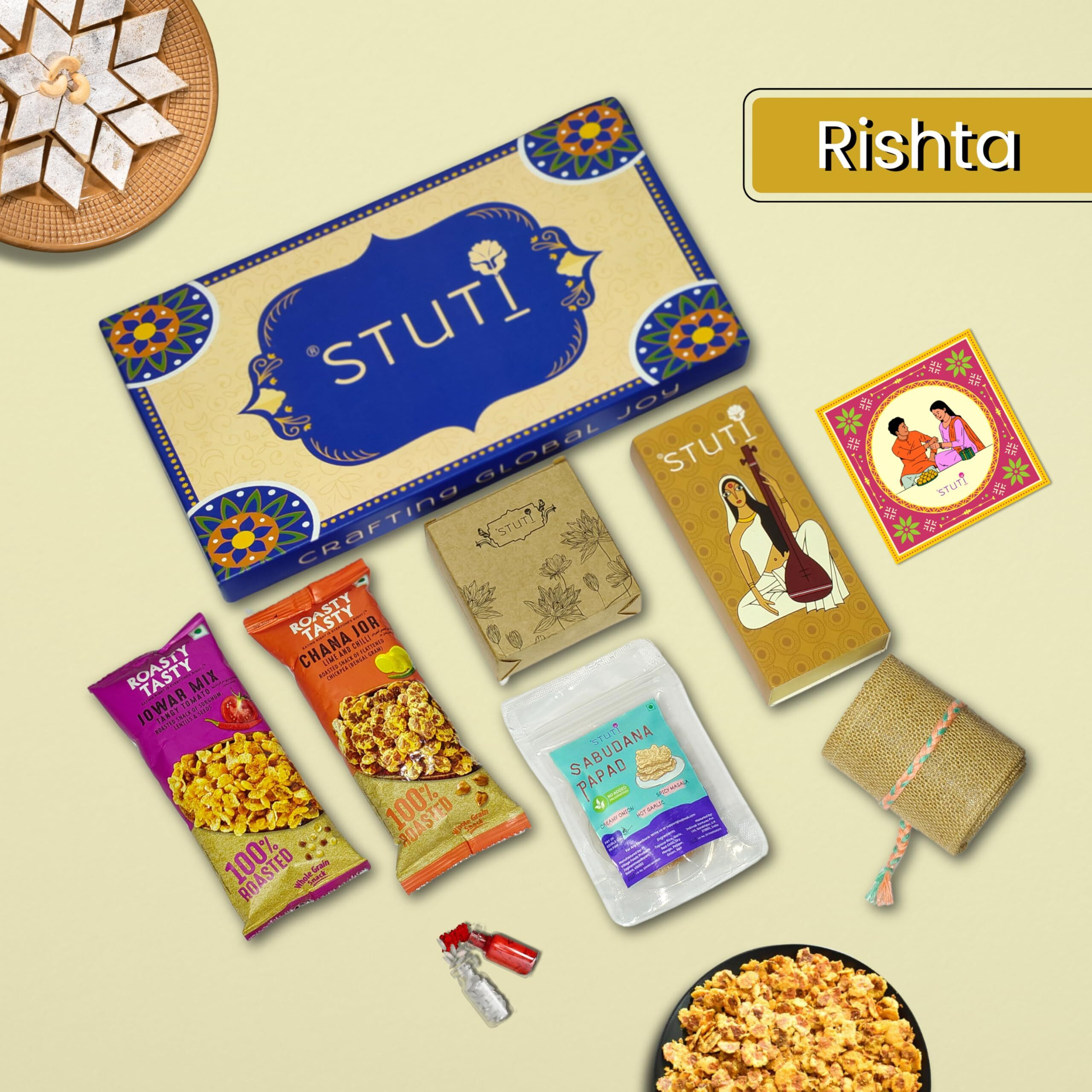 Stuti Rishta Rakhi Gift For Brother-7 Inclusions Combo Of Handmade Eco-Friendly Rakhi, Dhoop Cone, Namkeen Snacks And More With Complimentary Roli & Chawal | Rakhi Combo Gift Box