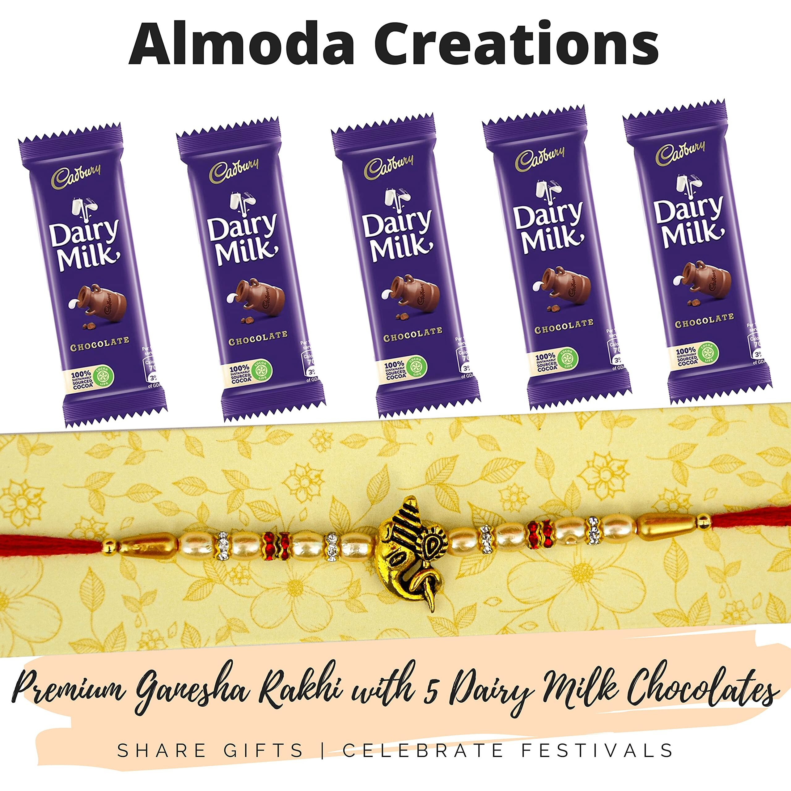 Almoda Creations 1 Antique Panchdhatu Rakhi For Brother With 5 Dairy Milk Chocolates & Rakhi Gift Box, Rakhi Set