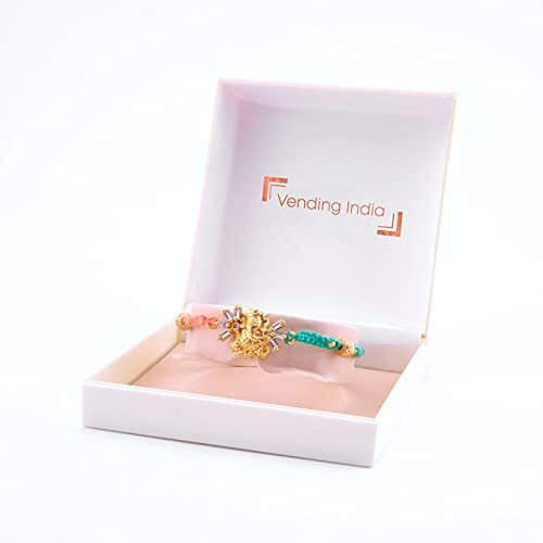 Vending India Premium Lord Ganesha Rakhi For Brother In A Luxury Jewellery Box Combo With Roli , Chawal , Chandan & Mishri In A Rakshabandhan Card