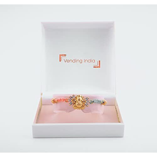 Vending India Premium Lord Ganesha Rakhi For Brother In A Luxury Jewellery Box Combo With Roli , Chawal , Chandan & Mishri In A Rakshabandhan Card