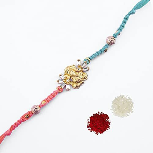 Vending India Premium Lord Ganesha Rakhi For Brother In A Luxury Jewellery Box Combo With Roli , Chawal , Chandan & Mishri In A Rakshabandhan Card