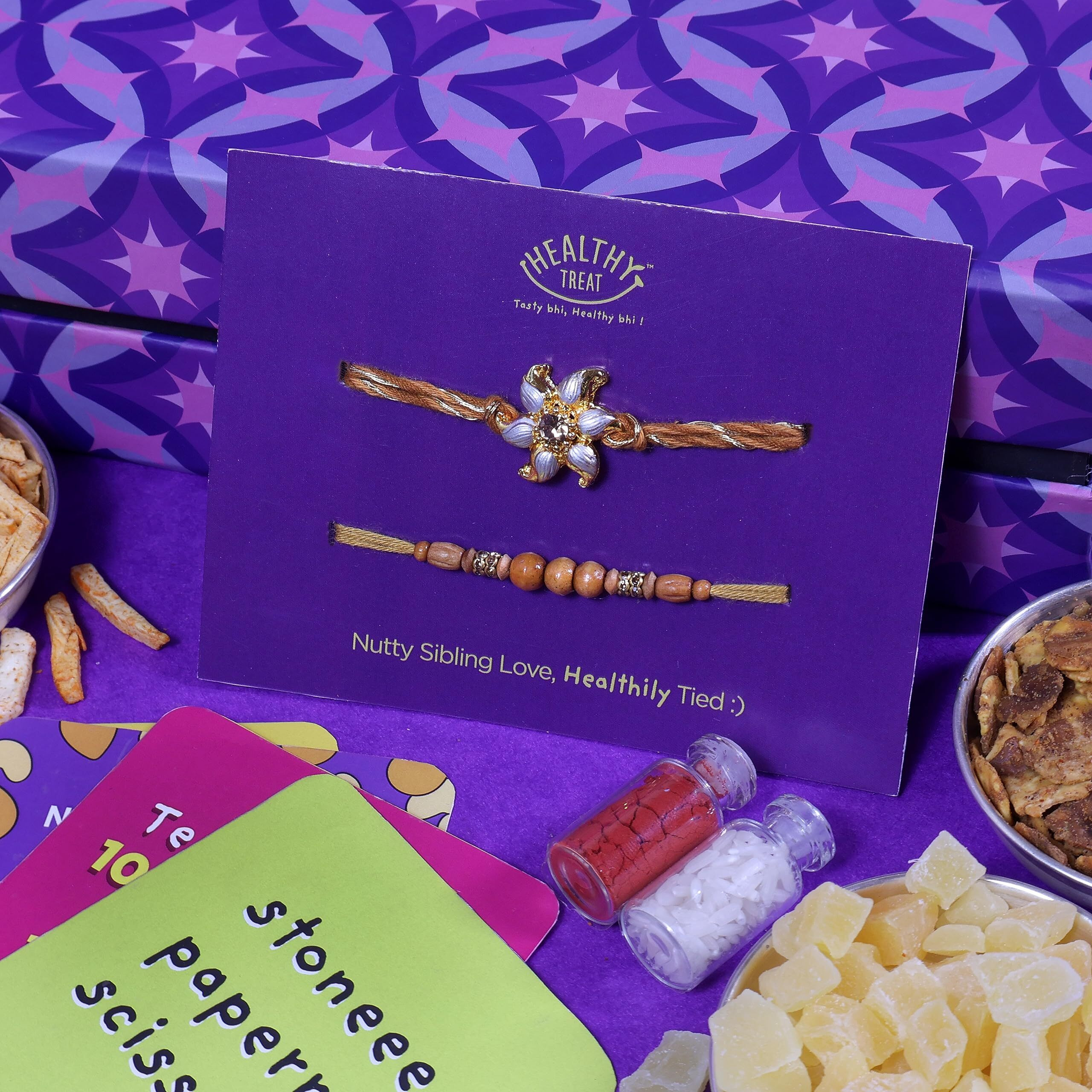 Healthy Treat Super Snacker Sibling Rakhi Gift Hamper | Roasted Dry-Fruits, Healthy Snacks, A Pair Of Rakhii, Roli Chawal, Stickers | Rakhi's Gifts For Brother And Sister | The Ultimate Assorted Raksha Bandhan Gift Hamper