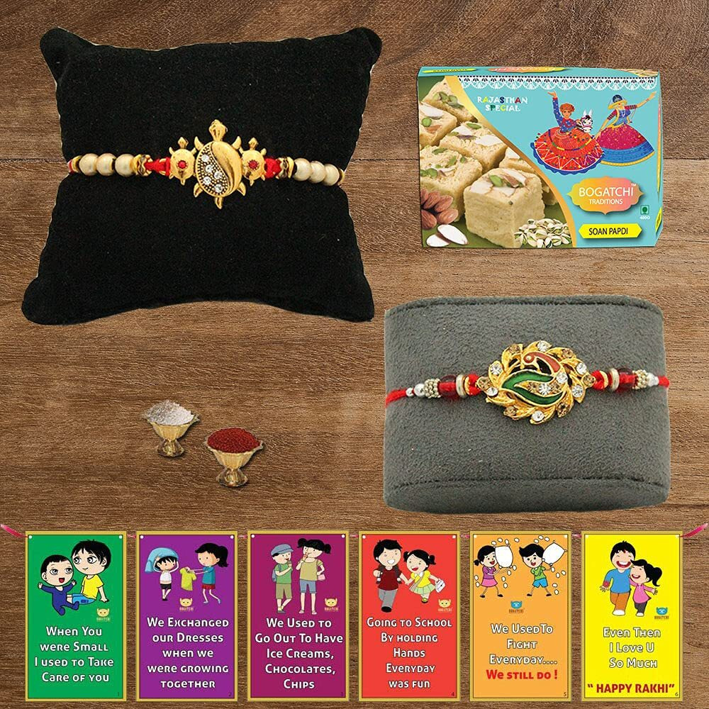 Bogatchi Rakhi With Sweets Combo | Rakhi Gift For Brother | Rakhi For Brother With Sweets | Rakhi Gift Hamper|Soan Papdi(200G) + Rakhi Set Of 2 +Roli Chawal + Free Rakhi Story Card |250Gsp1