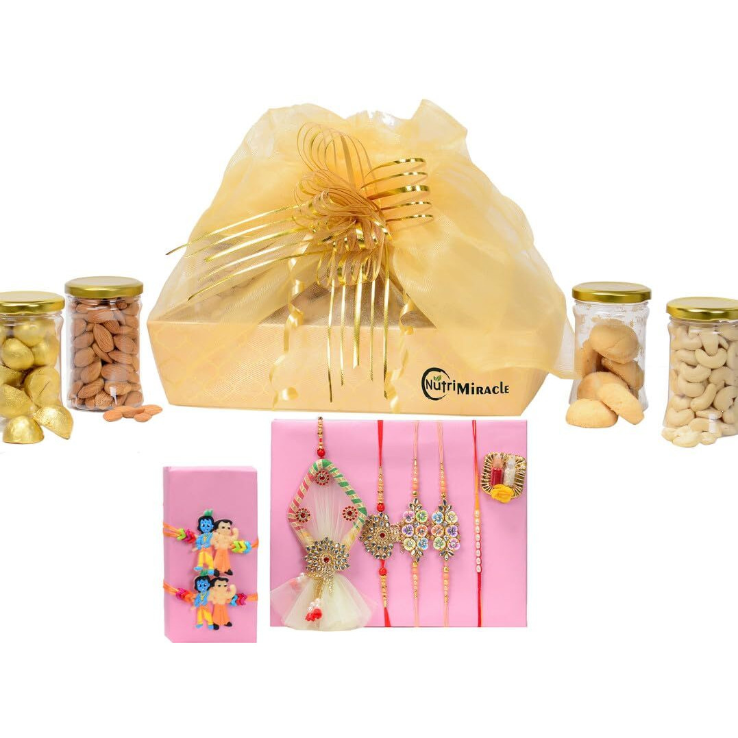 Nutri Miracle Dry Fruits Rakhi Gift Hamper For Brother Bhabhi Kids | Raksha Bandhan Combo Box For Family | Roli, Chaval