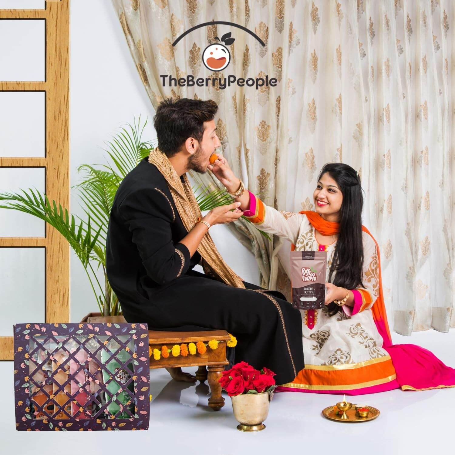 The Berry People Dry Fruit Rakhi Gift Box 11 Inclusions - 1 Kundan Rakhi, 1 Evil Eye Rakhi, 1 Evil Eye Band, 1 Tilak Set, Premium Flavoured 5 Dry Fruit Packs With Mini Greeting Card - Healthy Rakshabandhan Gift For Bhai Bhabhi