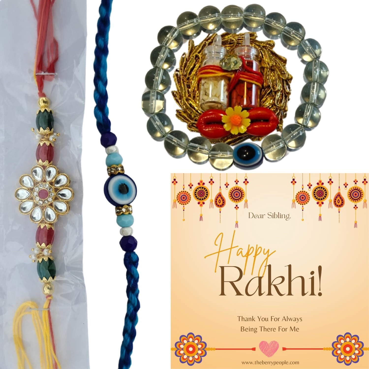 The Berry People Dry Fruit Rakhi Gift Box 11 Inclusions - 1 Kundan Rakhi, 1 Evil Eye Rakhi, 1 Evil Eye Band, 1 Tilak Set, Premium Flavoured 5 Dry Fruit Packs With Mini Greeting Card - Healthy Rakshabandhan Gift For Bhai Bhabhi