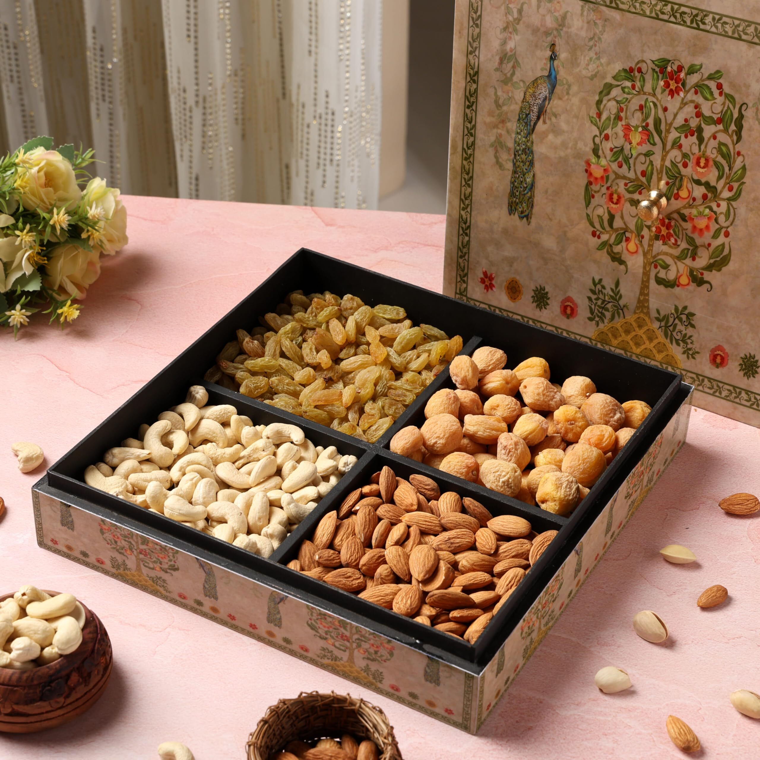 Riwaz Elite Dry Fruits Gift Box | Assorted Dryfruits With Almonds, Cashews, Raisins, Khumani | Perfect For Rakhi, Diwali, Eid, Fathers Day, Corporate, Festive Gifting - Enamel Peacock Designer Fathers Day (Dry Fruits 200G Per Containes )