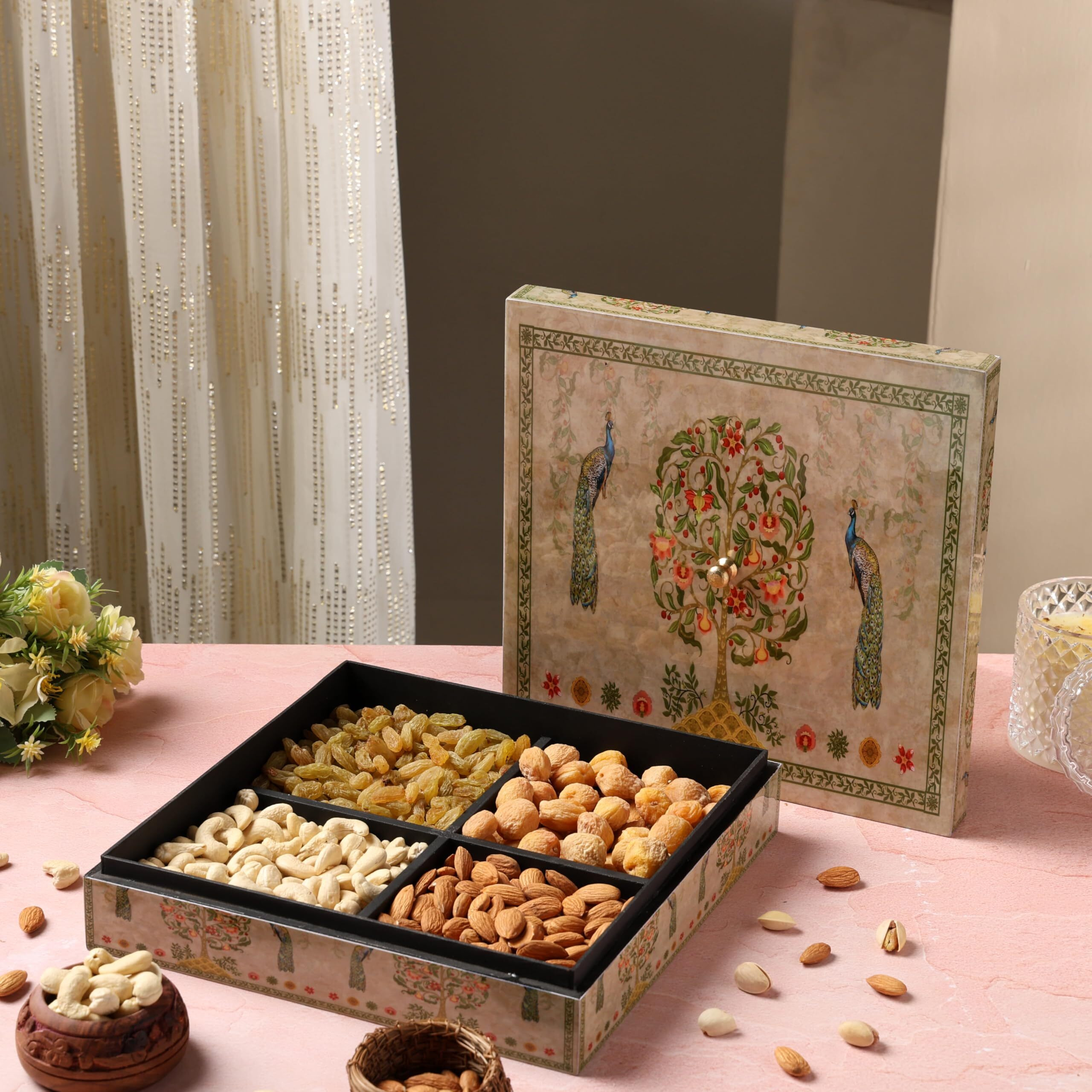 Riwaz Elite Dry Fruits Gift Box | Assorted Dryfruits With Almonds, Cashews, Raisins, Khumani | Perfect For Rakhi, Diwali, Eid, Fathers Day, Corporate, Festive Gifting - Enamel Peacock Designer Fathers Day (Dry Fruits 200G Per Containes )