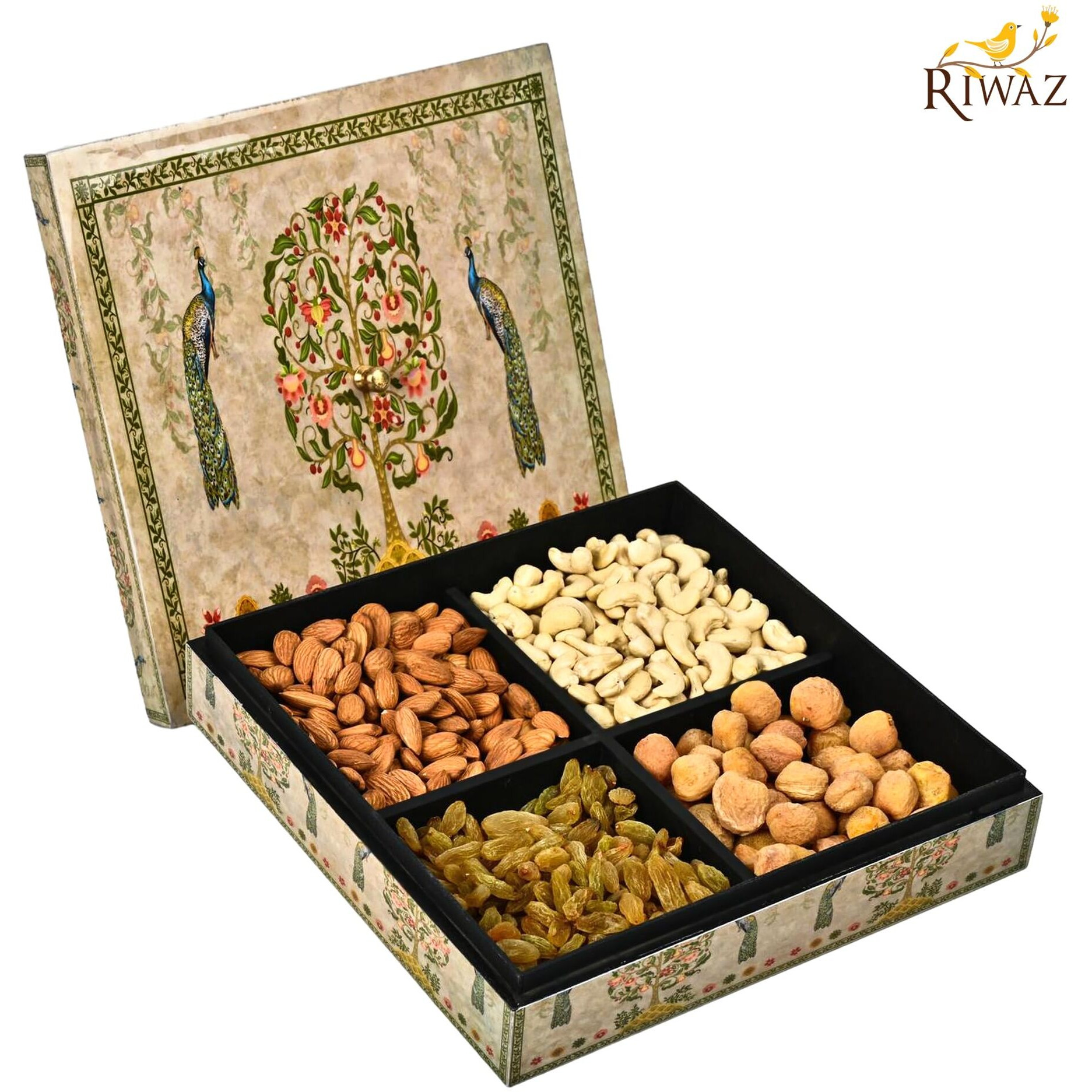 Riwaz Elite Dry Fruits Gift Box | Assorted Dryfruits With Almonds, Cashews, Raisins, Khumani | Perfect For Rakhi, Diwali, Eid, Fathers Day, Corporate, Festive Gifting - Enamel Peacock Designer Fathers Day (Dry Fruits 200G Per Containes )