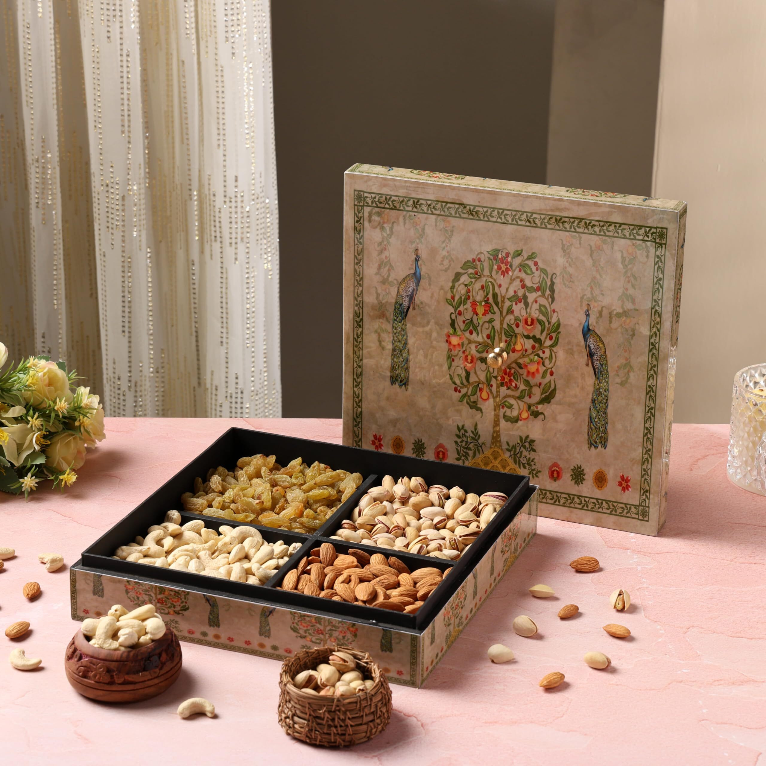 Riwaz Elite Dry Fruits Gift Box | Assorted Dryfruits With Almonds, Cashews, Raisins, Pistachios | Perfect For Rakhi, Diwali, Eid, Fathers Day, Corporate, Festive Gifting - Enamel Peacock Designer Fathers Day (Dry Fruits 200G Per Containes )