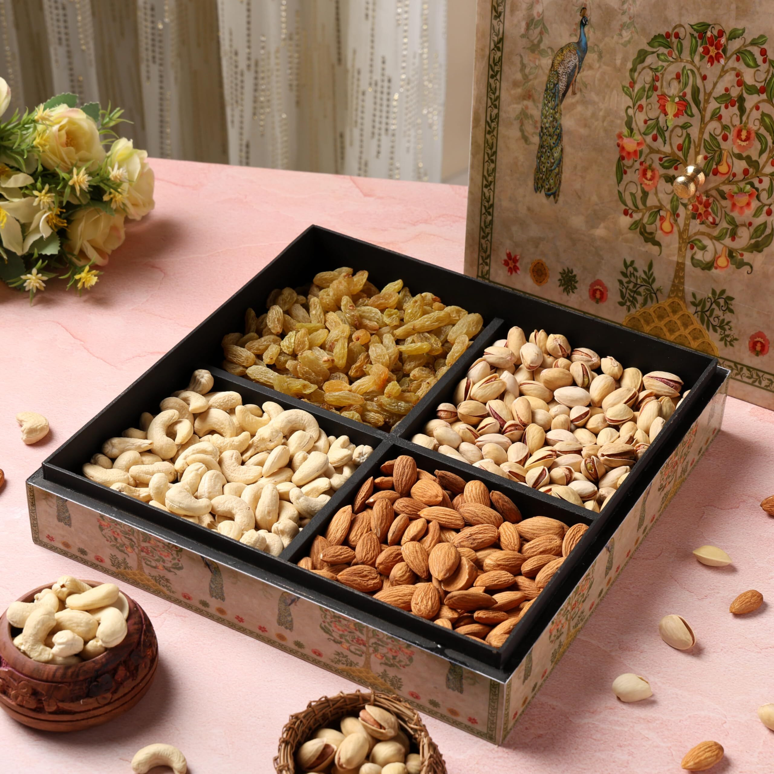 Riwaz Elite Dry Fruits Gift Box | Assorted Dryfruits With Almonds, Cashews, Raisins, Pistachios | Perfect For Rakhi, Diwali, Eid, Fathers Day, Corporate, Festive Gifting - Enamel Peacock Designer Fathers Day (Dry Fruits 200G Per Containes )