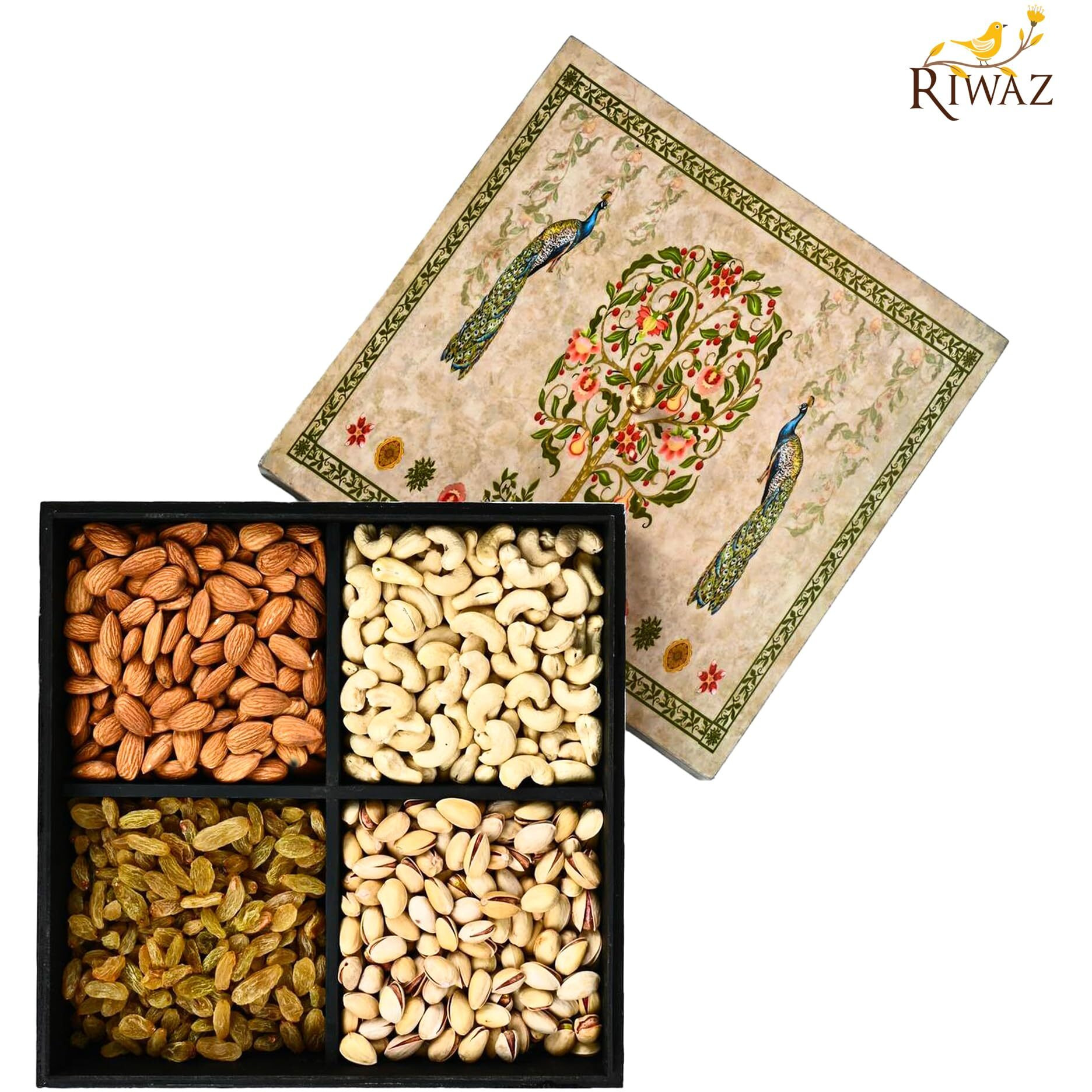 Riwaz Elite Dry Fruits Gift Box | Assorted Dryfruits With Almonds, Cashews, Raisins, Pistachios | Perfect For Rakhi, Diwali, Eid, Fathers Day, Corporate, Festive Gifting - Enamel Peacock Designer Fathers Day (Dry Fruits 200G Per Containes )